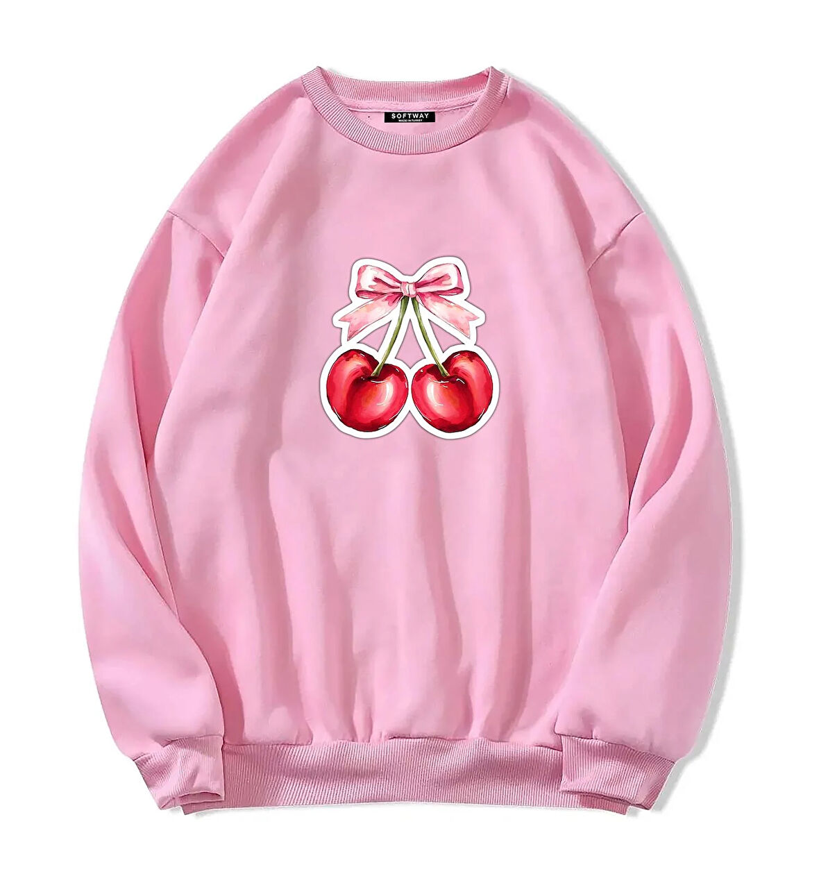 Unisex Oversize Bisiklet Yaka Basic Ribbom Cherry Baskılı Sweatshirt - PEMBE