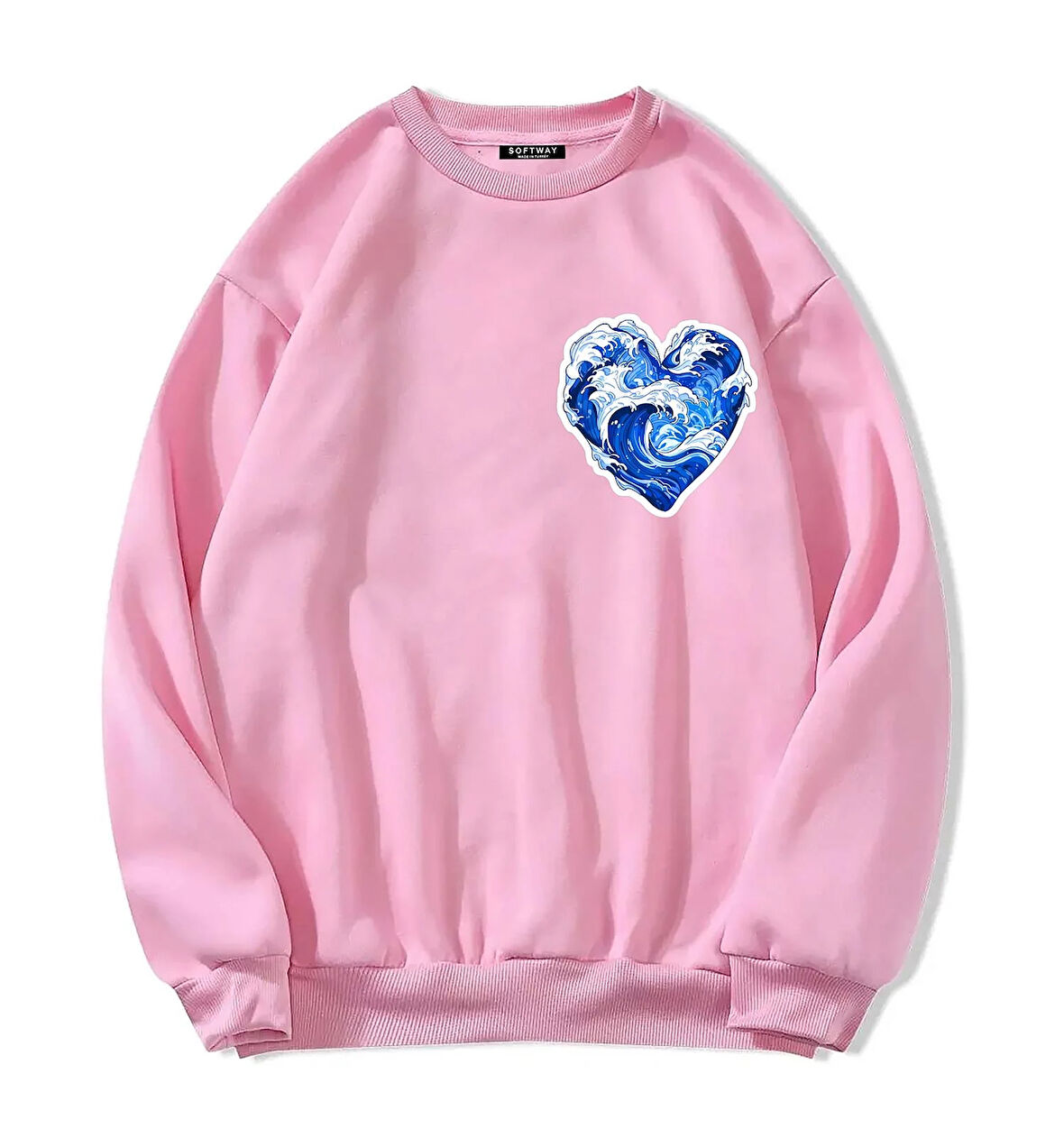 Unisex Oversize Bisiklet Yaka Basic Ocean Heart Baskılı Sweatshirt - PEMBE
