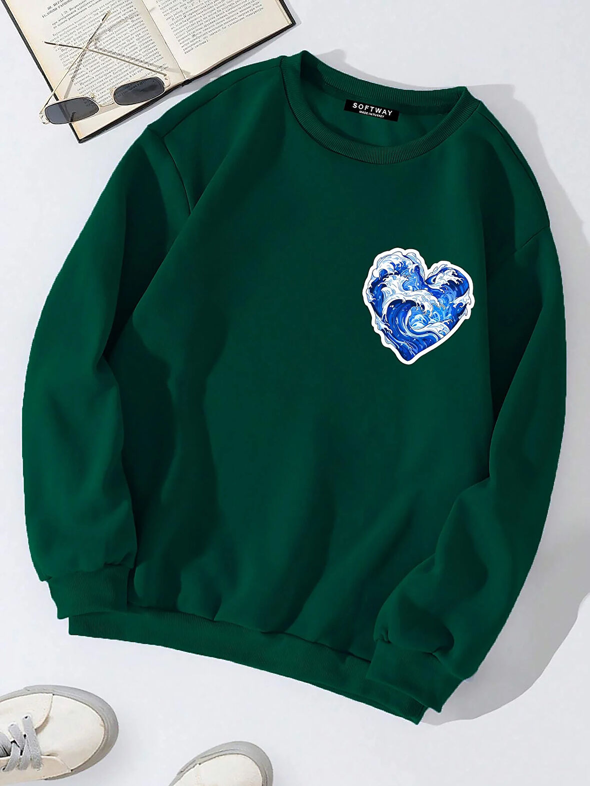 Unisex Oversize Bisiklet Yaka Basic Ocean Heart Baskılı Sweatshirt - KOYU YEŞİL