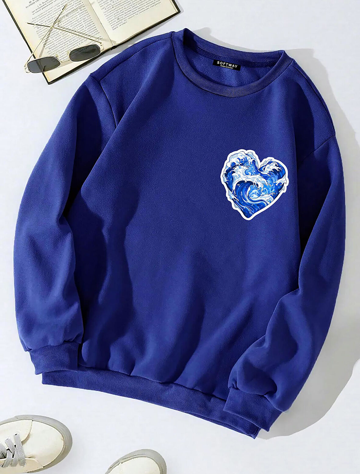 Unisex Oversize Bisiklet Yaka Basic Ocean Heart Baskılı Sweatshirt - SAKS MAVİSİ