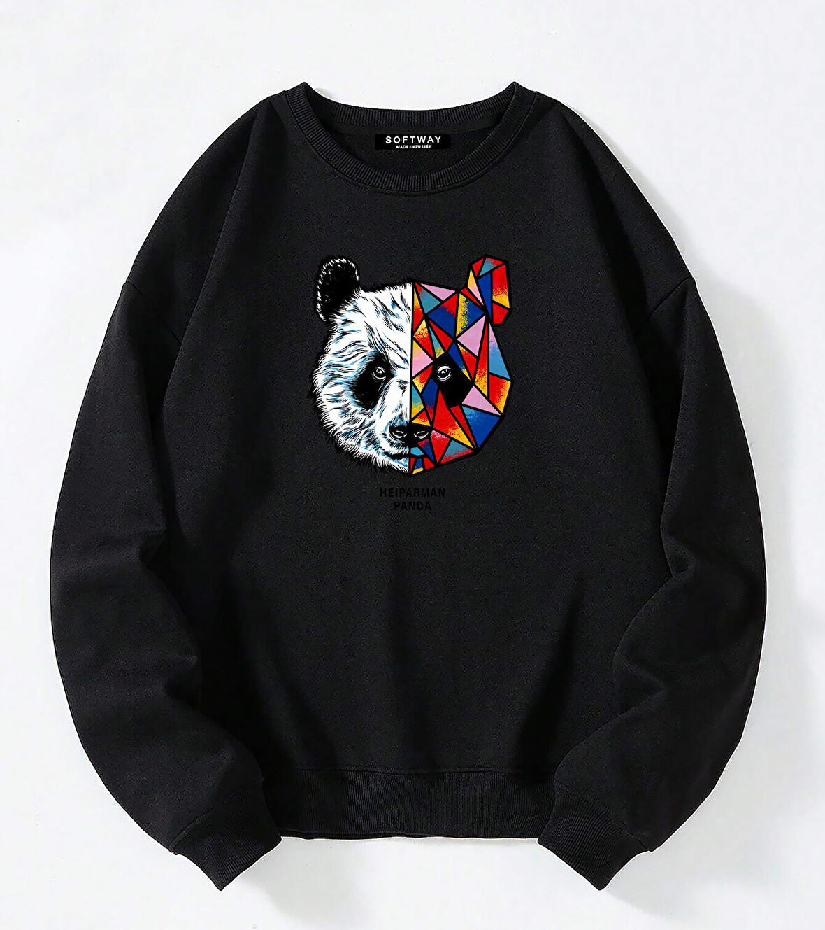 Unisex Oversize Bisiklet Yaka Basic Heiparman Panda Baskılı Sweatshirt - SİYAH