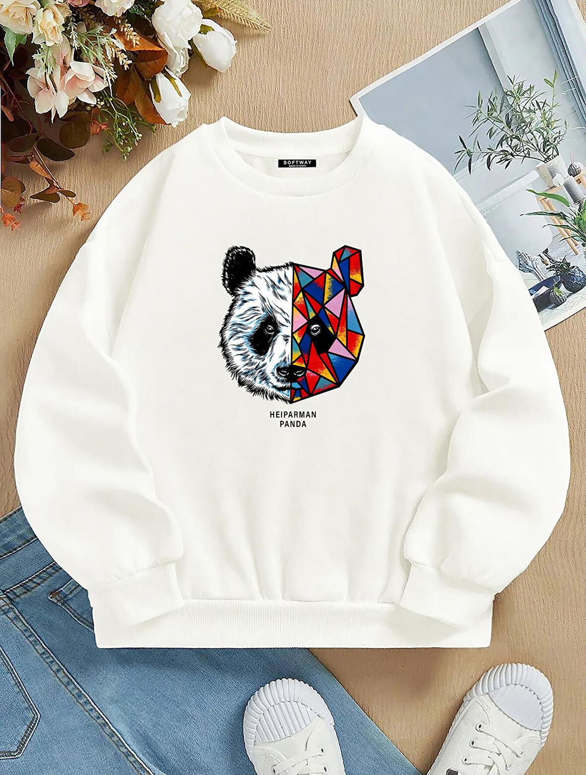 Unisex Oversize Bisiklet Yaka Basic Heiparman Panda Baskılı Sweatshirt - EKRU