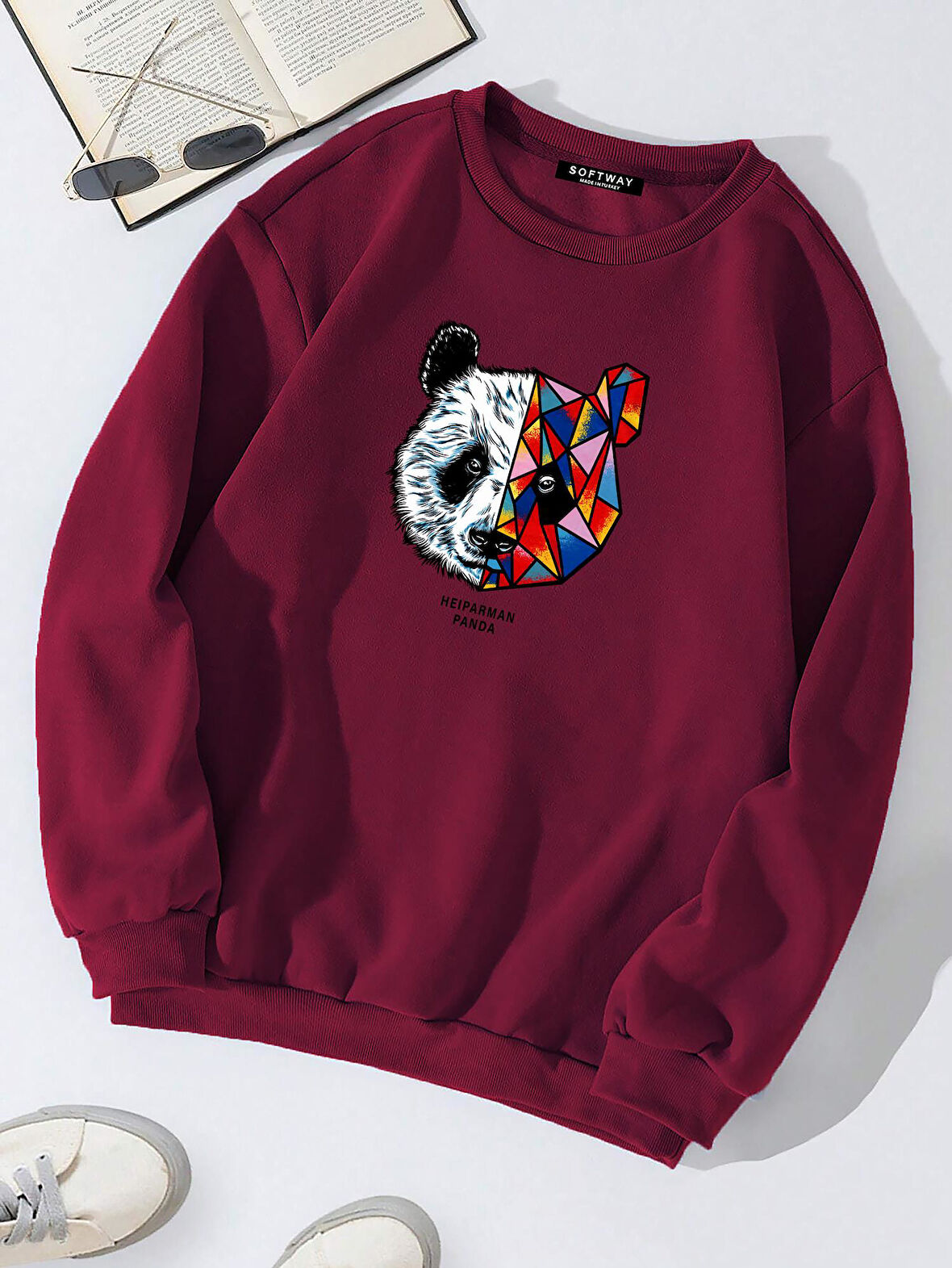 Unisex Oversize Bisiklet Yaka Basic Heiparman Panda Baskılı Sweatshirt - BORDO