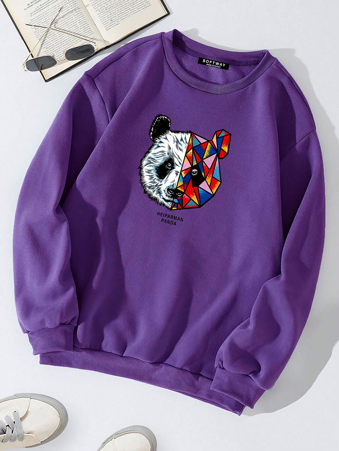 Unisex Oversize Bisiklet Yaka Basic Heiparman Panda Baskılı Sweatshirt - MOR