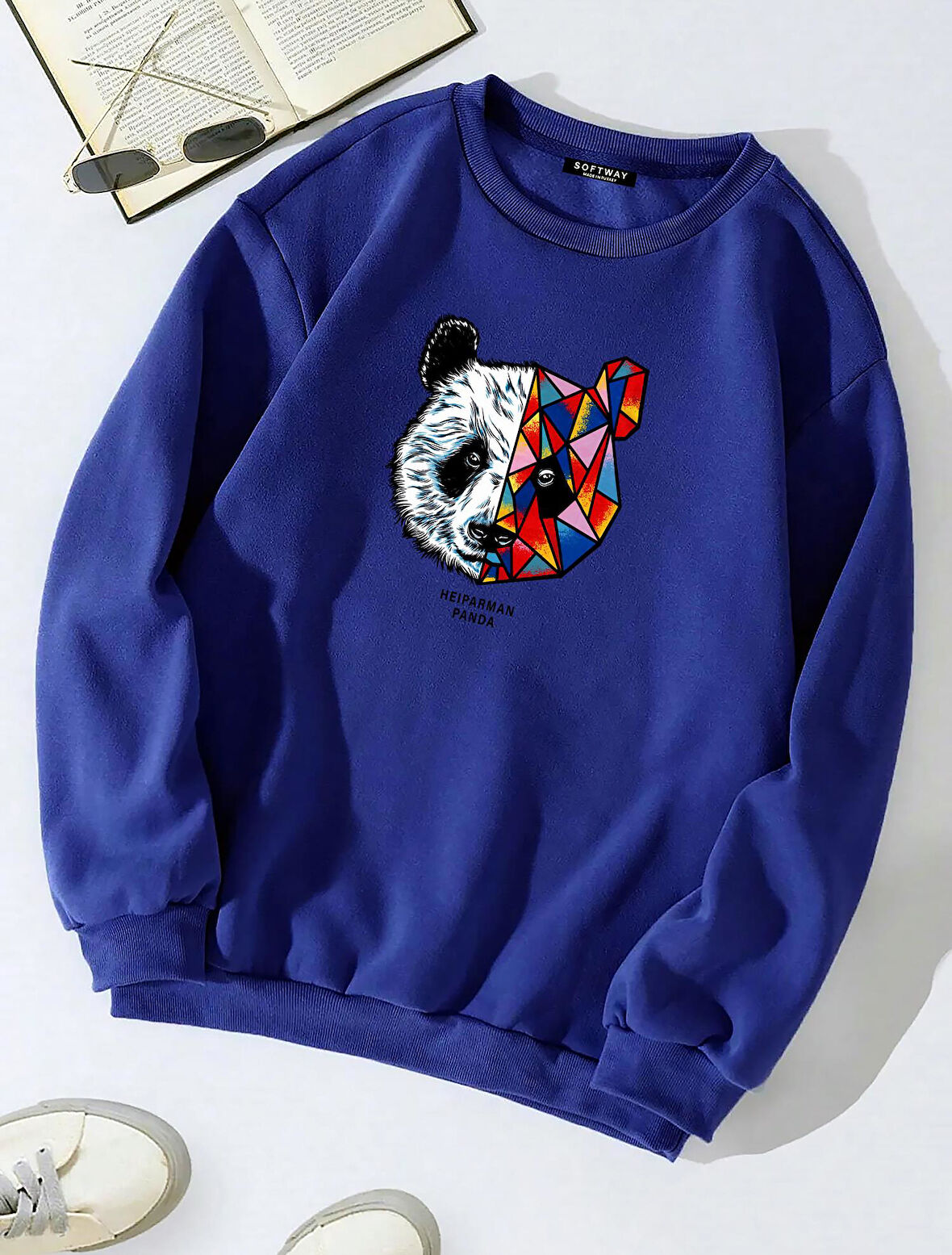 Unisex Oversize Bisiklet Yaka Basic Heiparman Panda Baskılı Sweatshirt - SAKS MAVİSİ