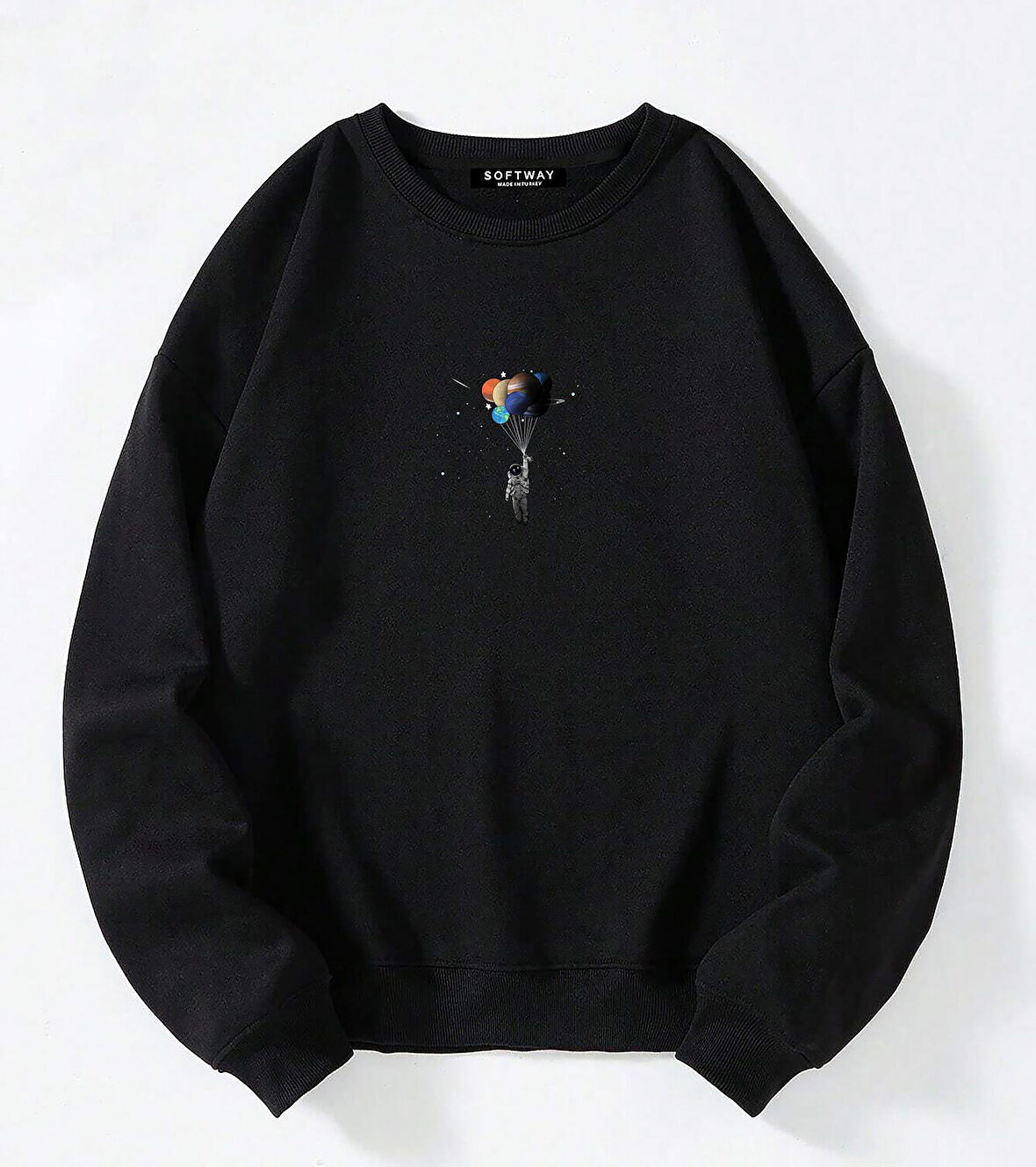 Unisex Oversize Bisiklet Yaka Basic Balloon Astronaut Baskılı Sweatshirt - SİYAH