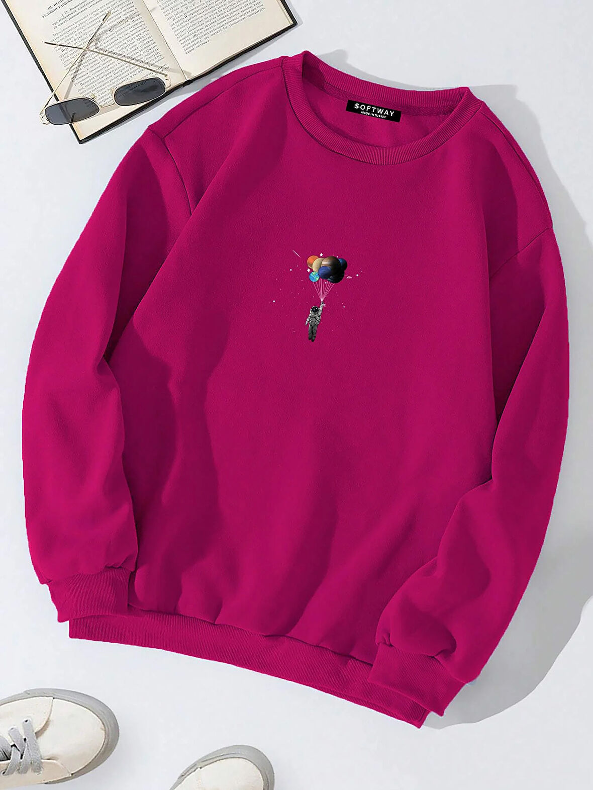 Unisex Oversize Bisiklet Yaka Basic Balloon Astronaut Baskılı Sweatshirt - FUŞYA