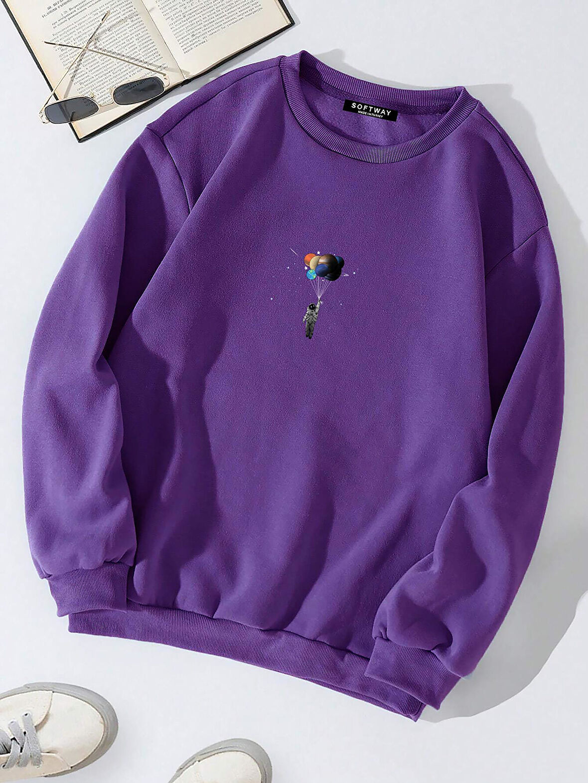 Unisex Oversize Bisiklet Yaka Basic Balloon Astronaut Baskılı Sweatshirt - MOR