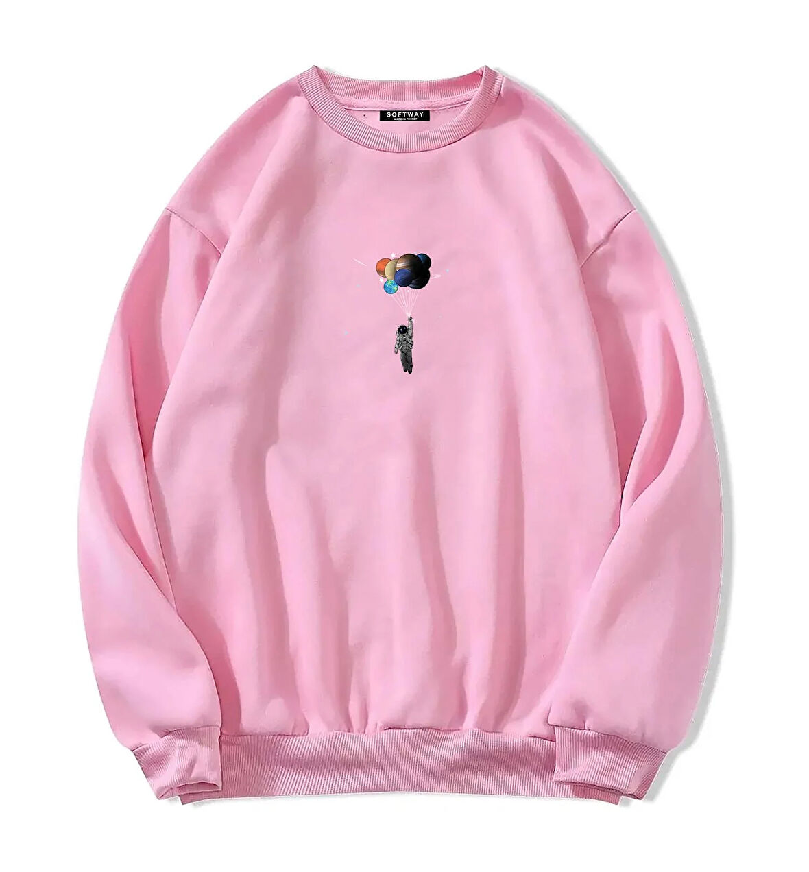 Unisex Oversize Bisiklet Yaka Basic Balloon Astronaut Baskılı Sweatshirt - PEMBE