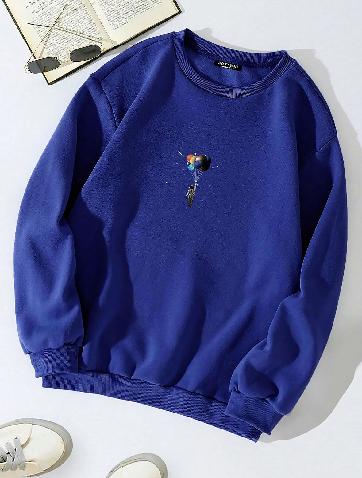 Unisex Oversize Bisiklet Yaka Basic Balloon Astronaut Baskılı Sweatshirt - SAKS MAVİSİ