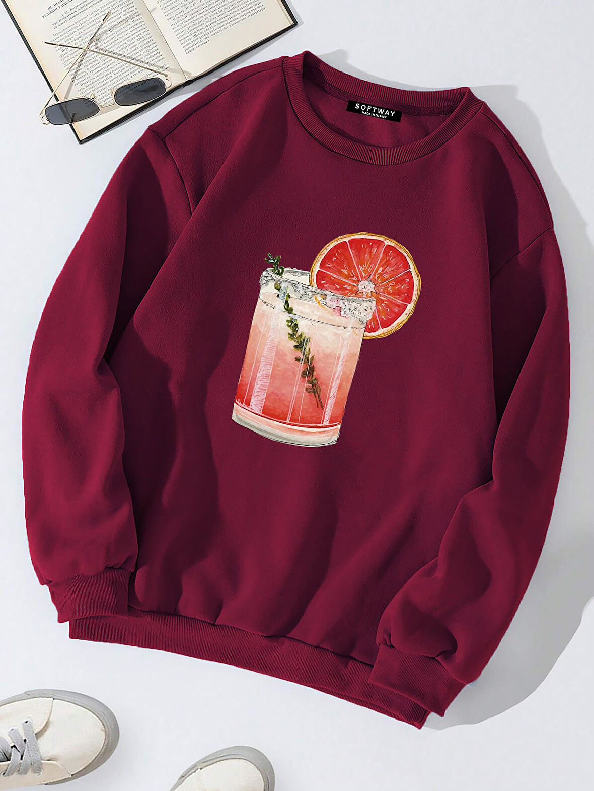 Unisex Oversize Bisiklet Yaka Basic Orange Cocktail Baskılı Sweatshirt - BORDO