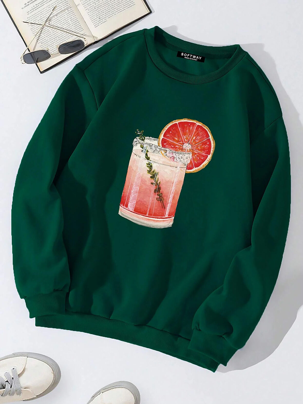 Unisex Oversize Bisiklet Yaka Basic Orange Cocktail Baskılı Sweatshirt - KOYU YEŞİL
