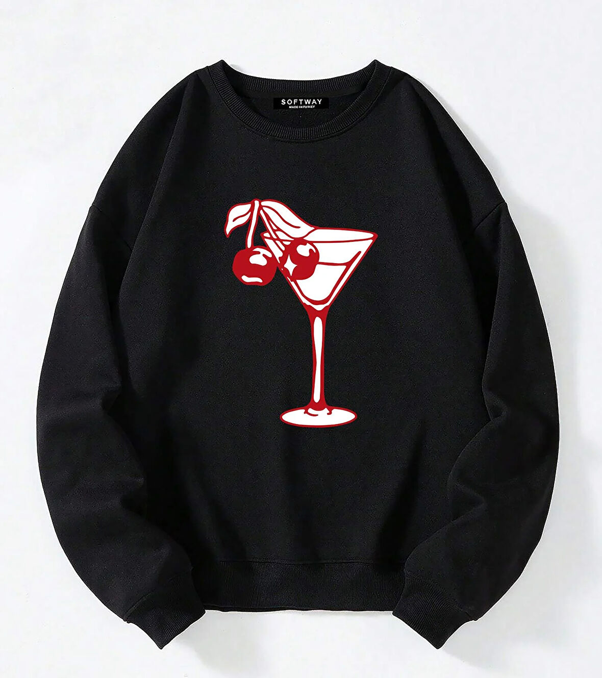 Unisex Oversize Bisiklet Yaka Basic Cherry Cocktail Baskılı Sweatshirt - SİYAH