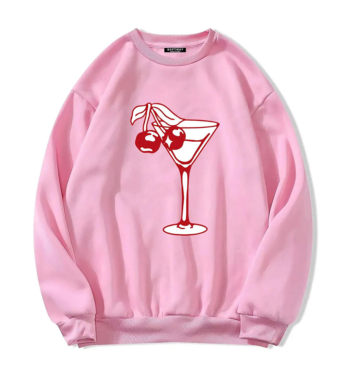 Unisex Oversize Bisiklet Yaka Basic Cherry Cocktail Baskılı Sweatshirt - PEMBE