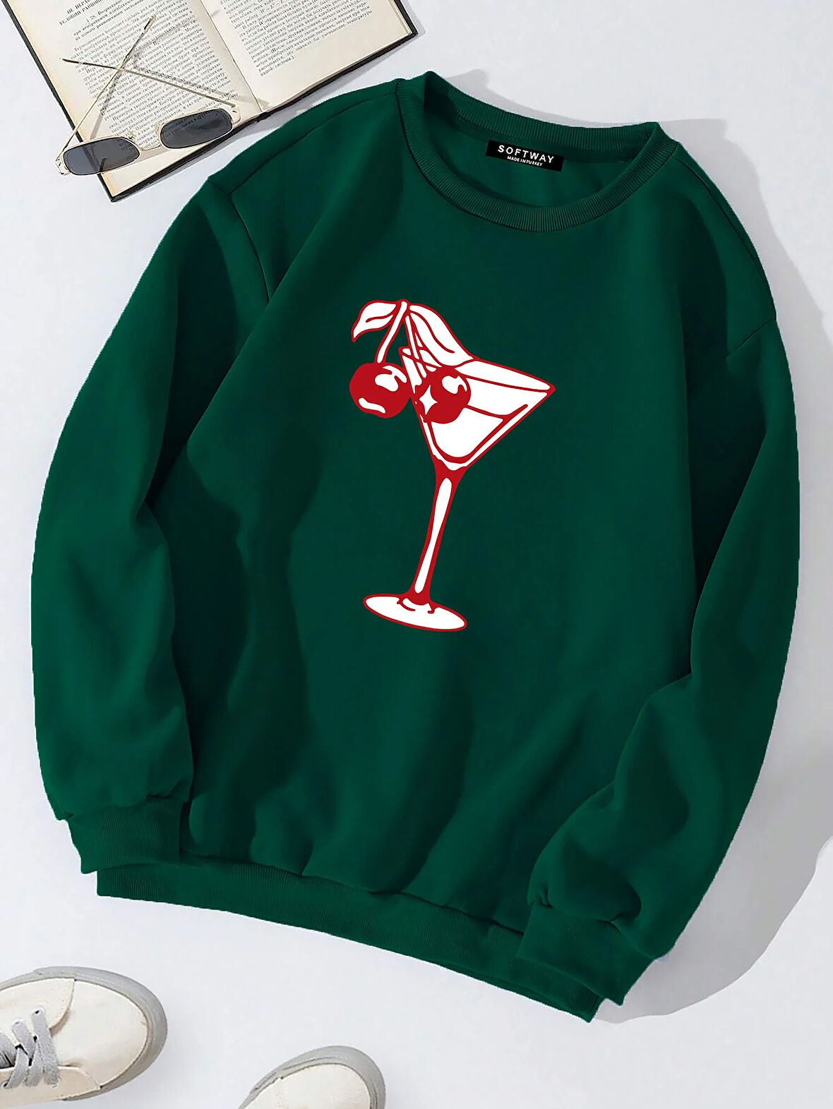 Unisex Oversize Bisiklet Yaka Basic Cherry Cocktail Baskılı Sweatshirt - KOYU YEŞİL