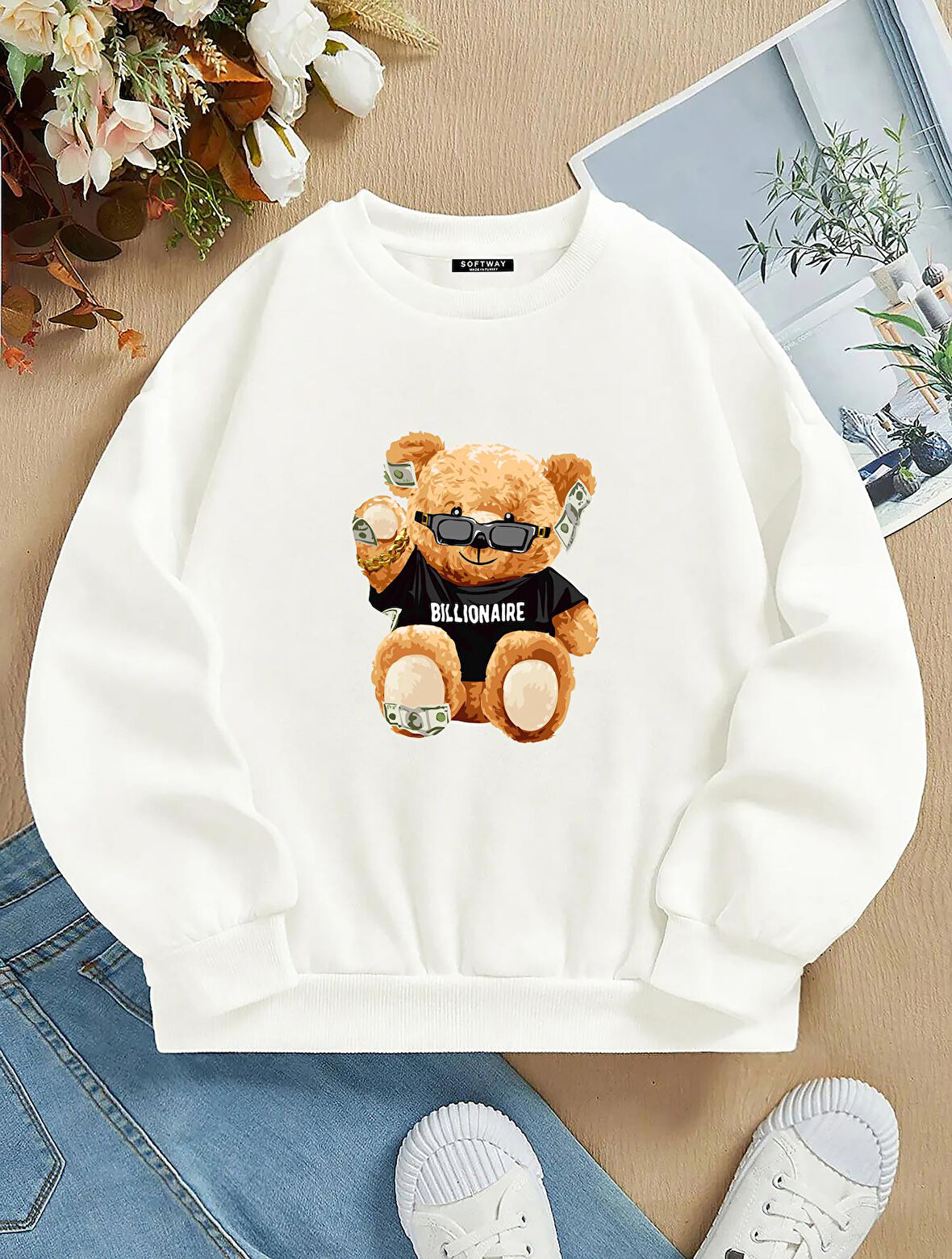 Unisex Oversize Bisiklet Yaka Basic Billionaire Baskılı Sweatshirt - EKRU