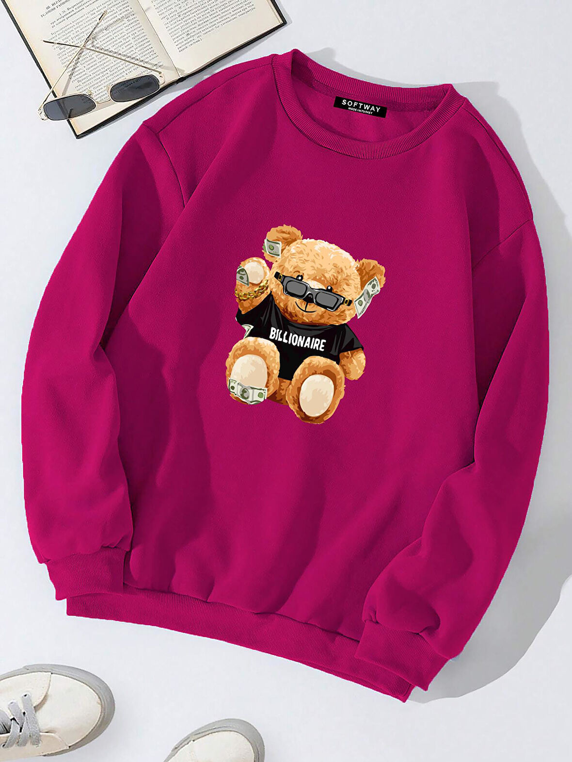 Unisex Oversize Bisiklet Yaka Basic Billionaire Baskılı Sweatshirt - FUŞYA