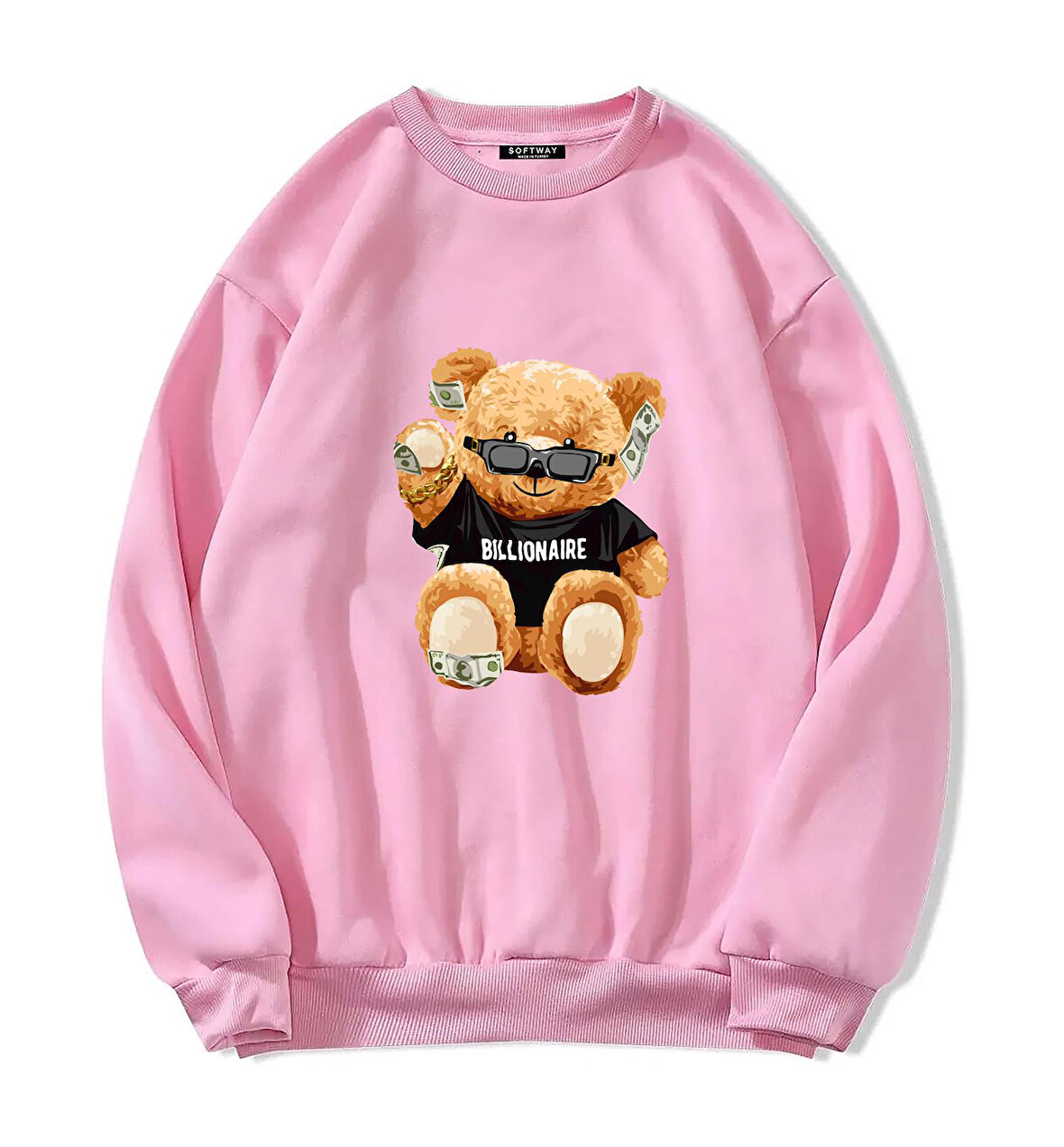 Unisex Oversize Bisiklet Yaka Basic Billionaire Baskılı Sweatshirt - PEMBE