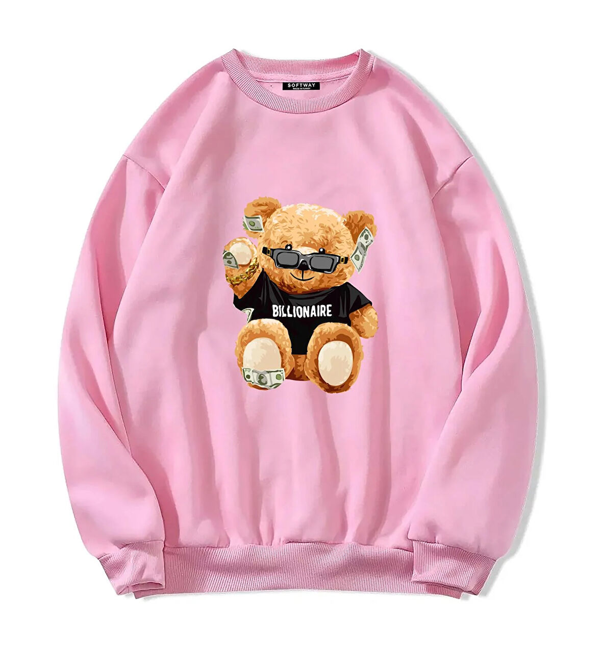 Unisex Oversize Bisiklet Yaka Basic Billionaire Baskılı Sweatshirt - PEMBE