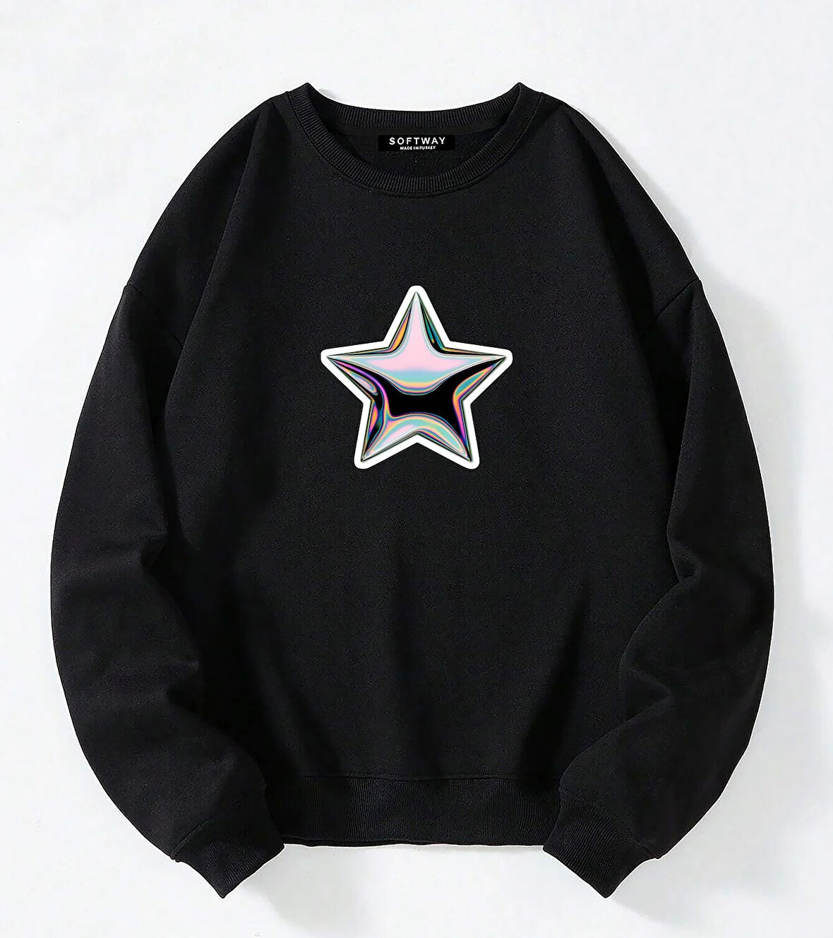 Unisex Oversize Bisiklet Yaka Basic Shining Metallic Star Baskılı Sweatshirt - SİYAH