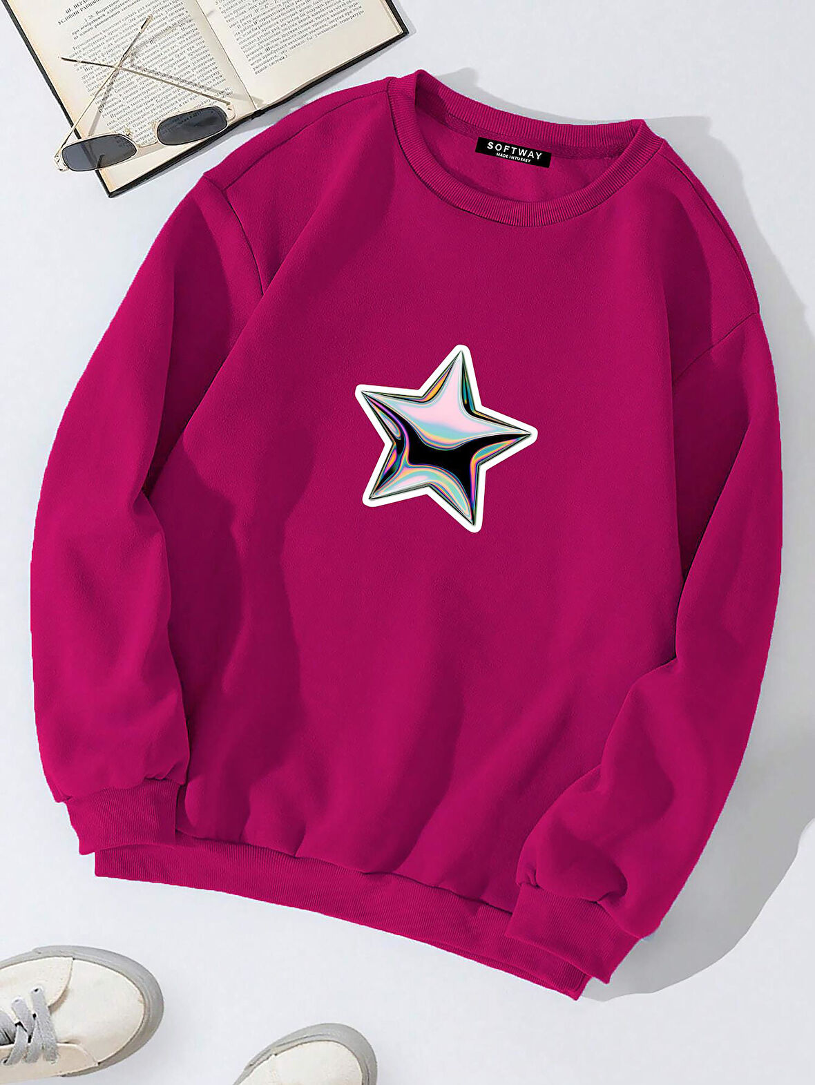 Unisex Oversize Bisiklet Yaka Basic Shining Metallic Star Baskılı Sweatshirt - FUŞYA