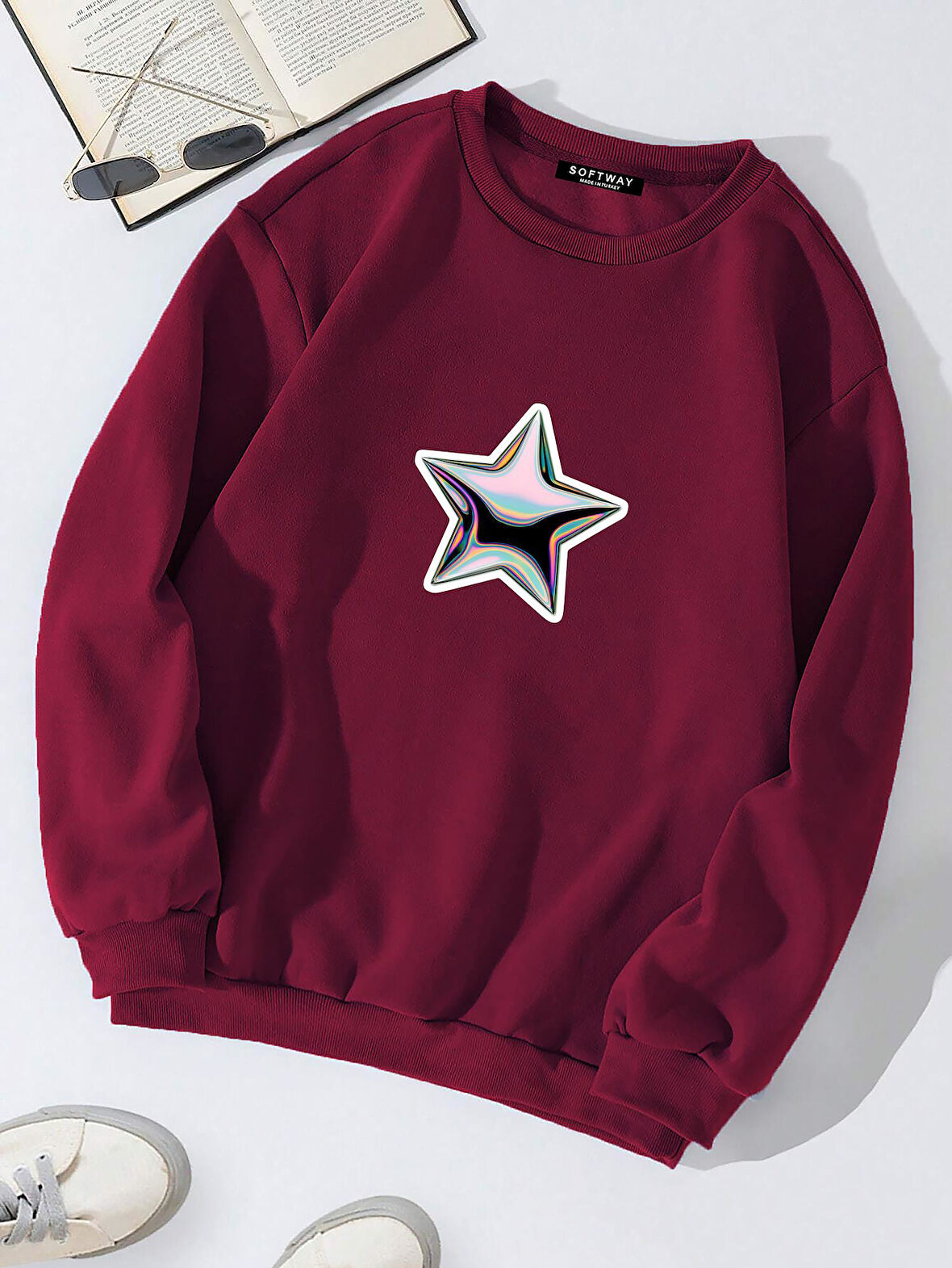 Unisex Oversize Bisiklet Yaka Basic Shining Metallic Star Baskılı Sweatshirt - BORDO