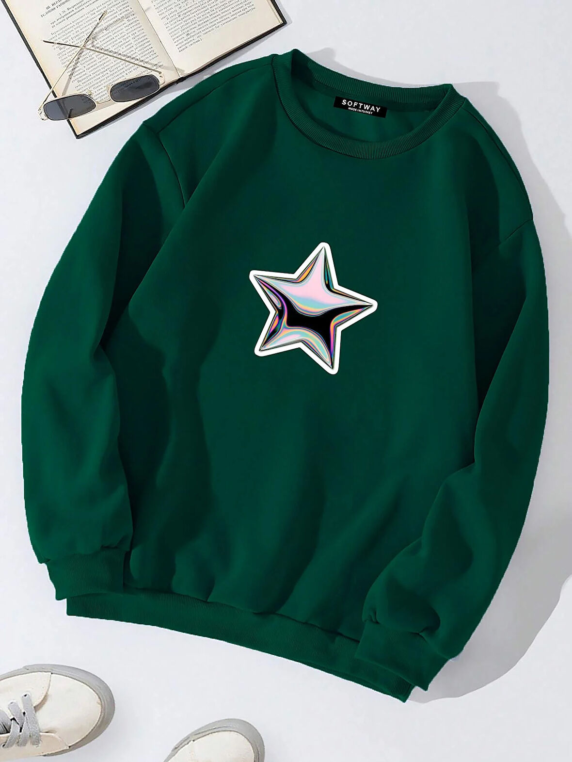 Unisex Oversize Bisiklet Yaka Basic Shining Metallic Star Baskılı Sweatshirt - KOYU YEŞİL