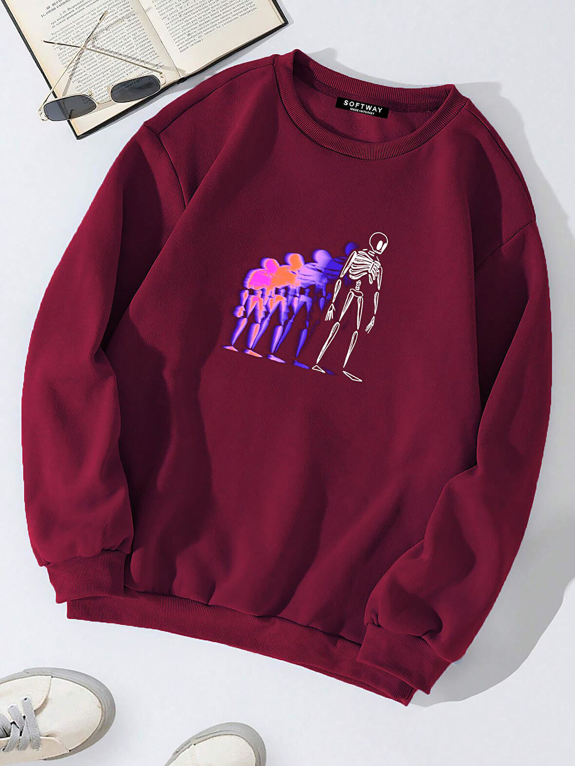 Unisex Oversize Bisiklet Yaka Basic Colorful Skeleton Baskılı Sweatshirt - BORDO