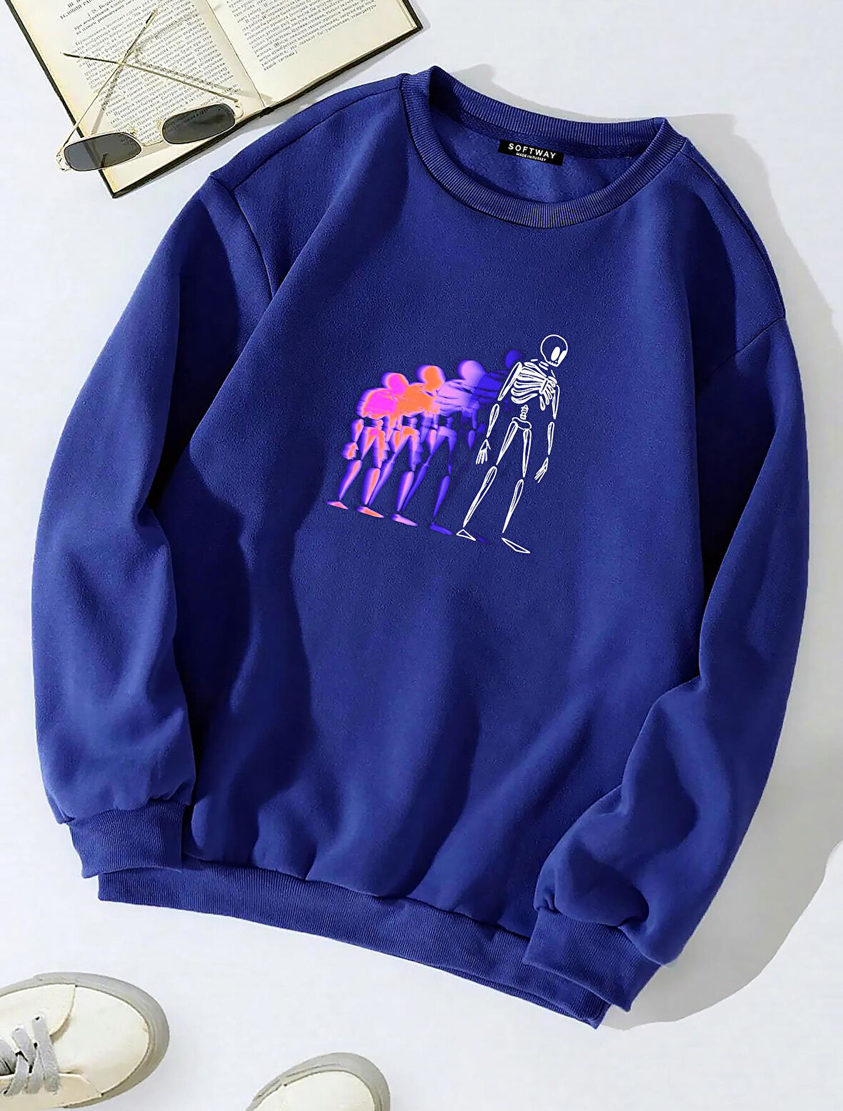 Unisex Oversize Bisiklet Yaka Basic Colorful Skeleton Baskılı Sweatshirt - SAKS MAVİSİ