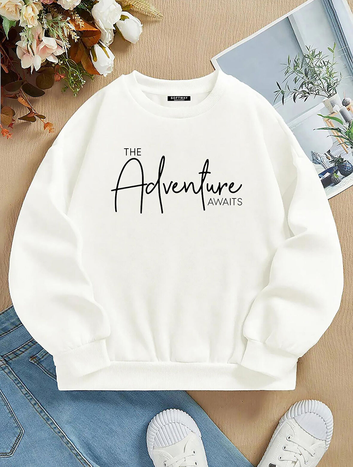 Unisex Oversize Bisiklet Yaka Basic Adventure Baskılı Sweatshirt - EKRU