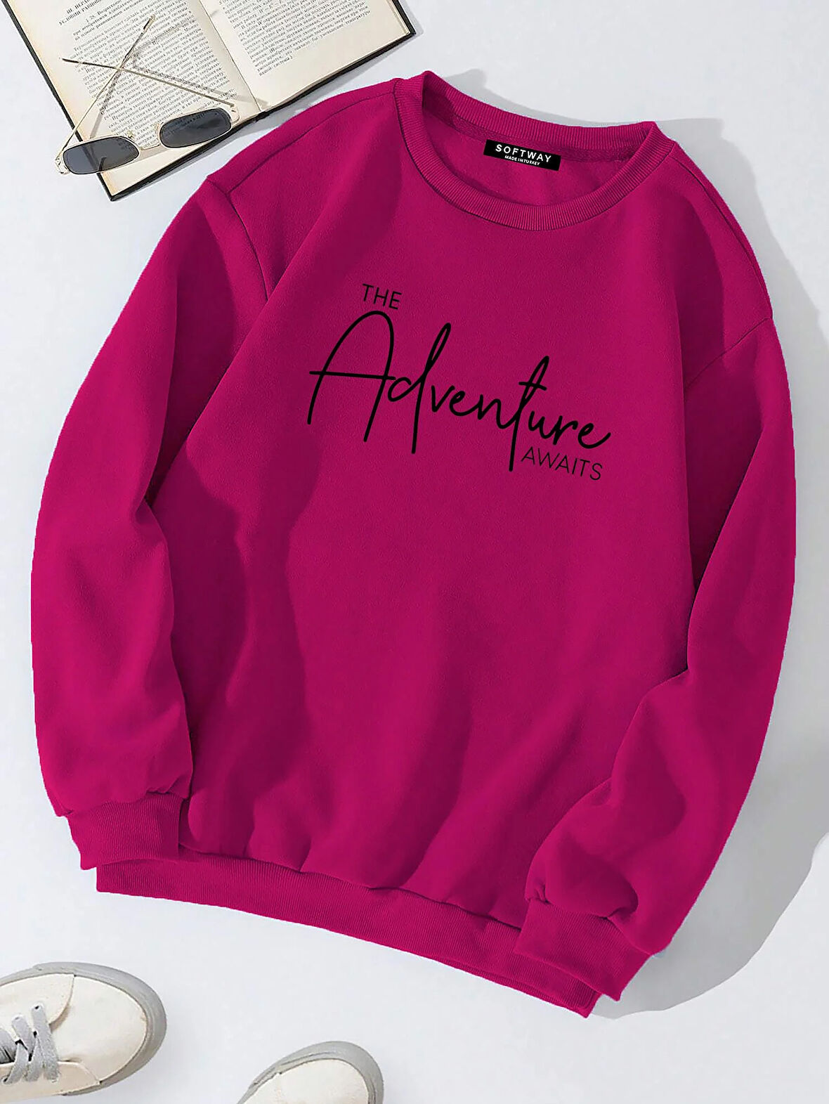 Unisex Oversize Bisiklet Yaka Basic Adventure Baskılı Sweatshirt - FUŞYA