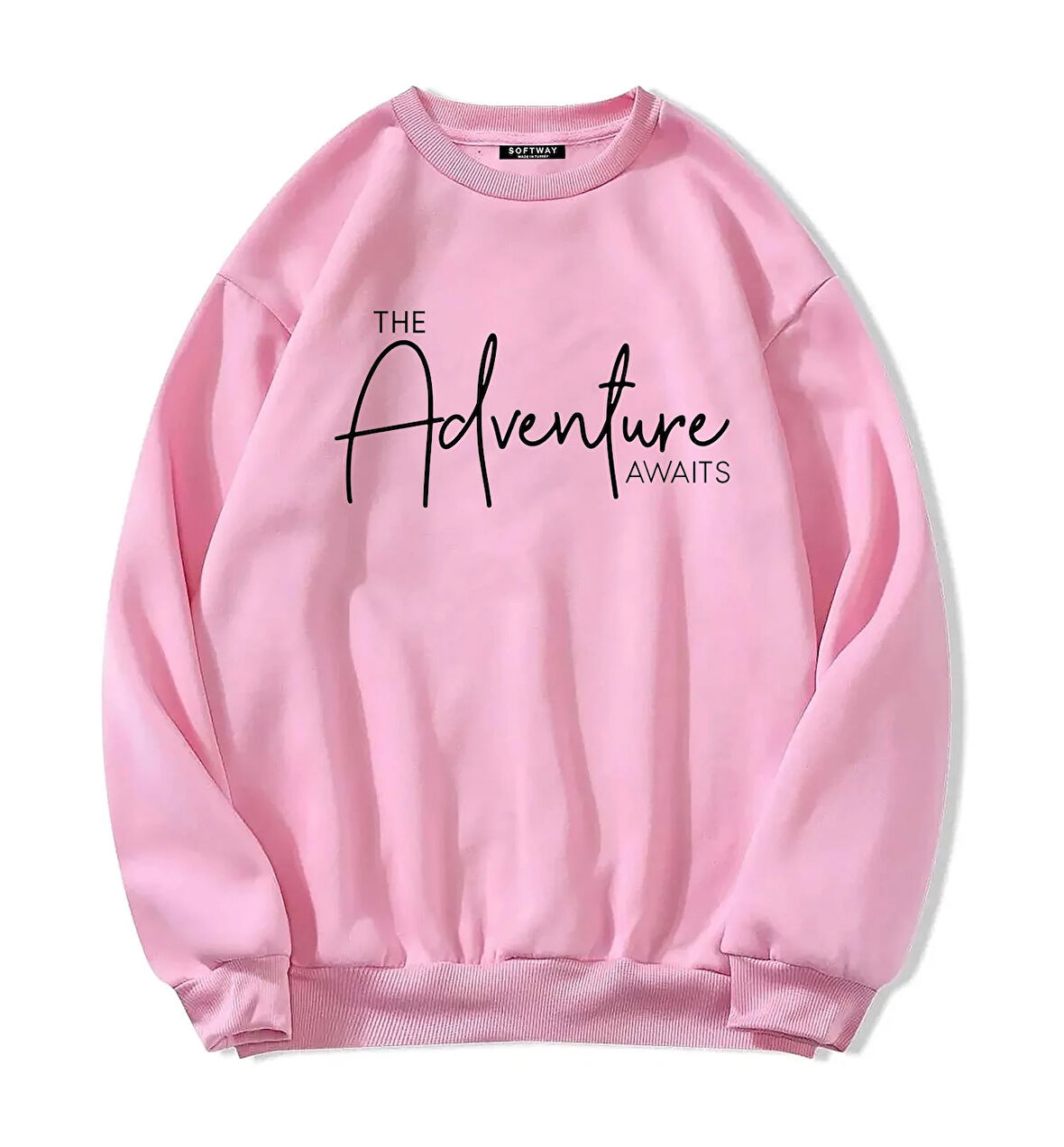 Unisex Oversize Bisiklet Yaka Basic Adventure Baskılı Sweatshirt - PEMBE