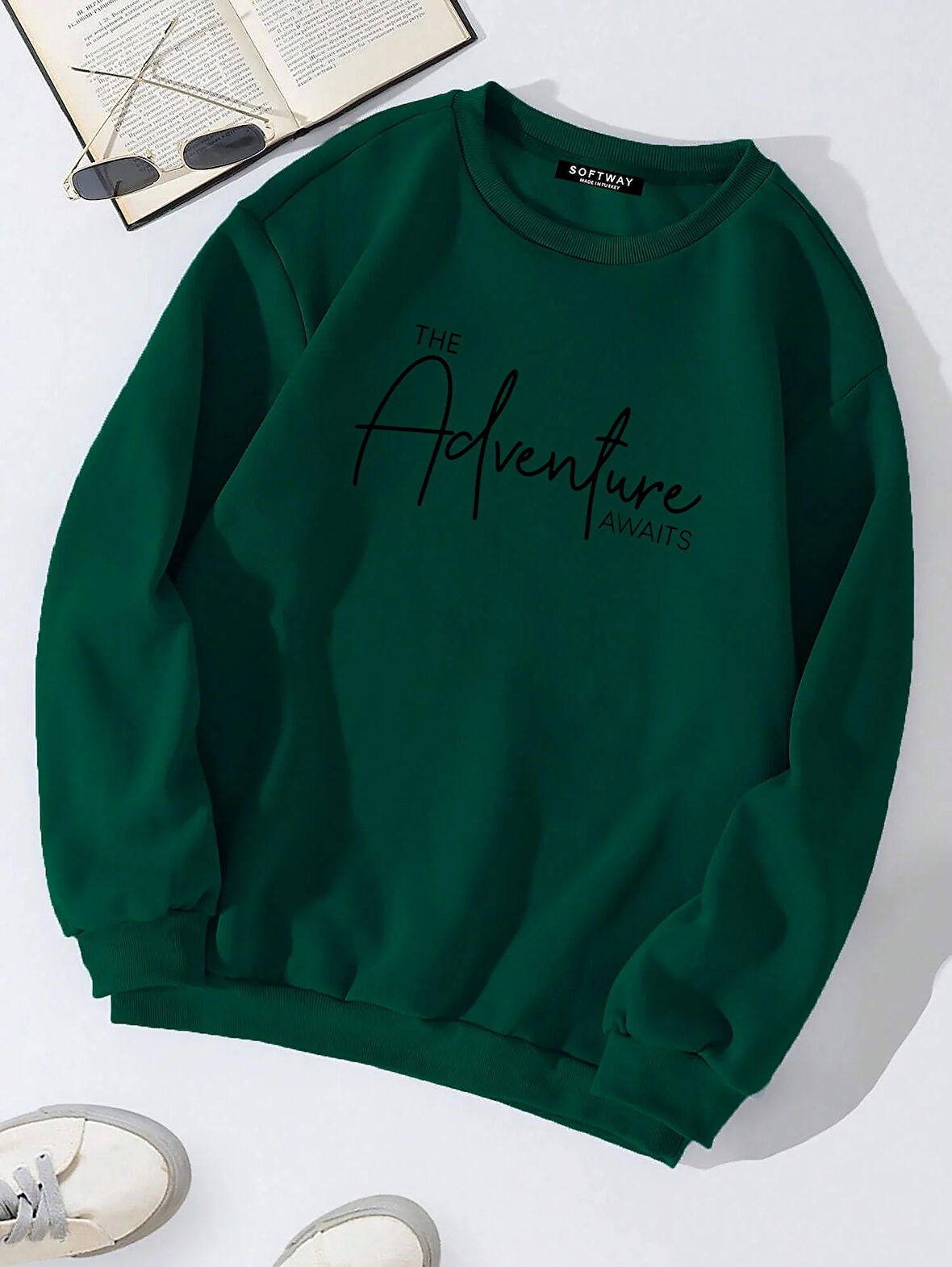 Unisex Oversize Bisiklet Yaka Basic Adventure Baskılı Sweatshirt - KOYU YEŞİL