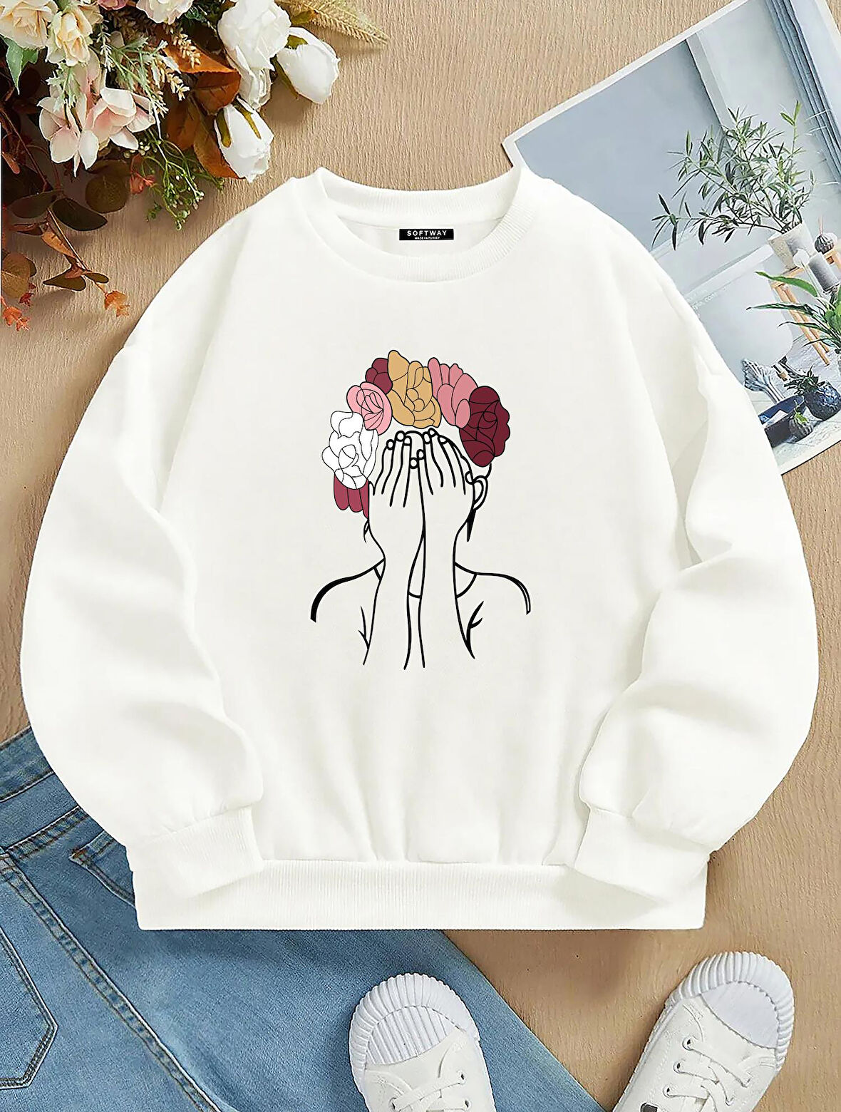 Unisex Oversize Bisiklet Yaka Basic Colorful Hair Baskılı Sweatshirt - EKRU