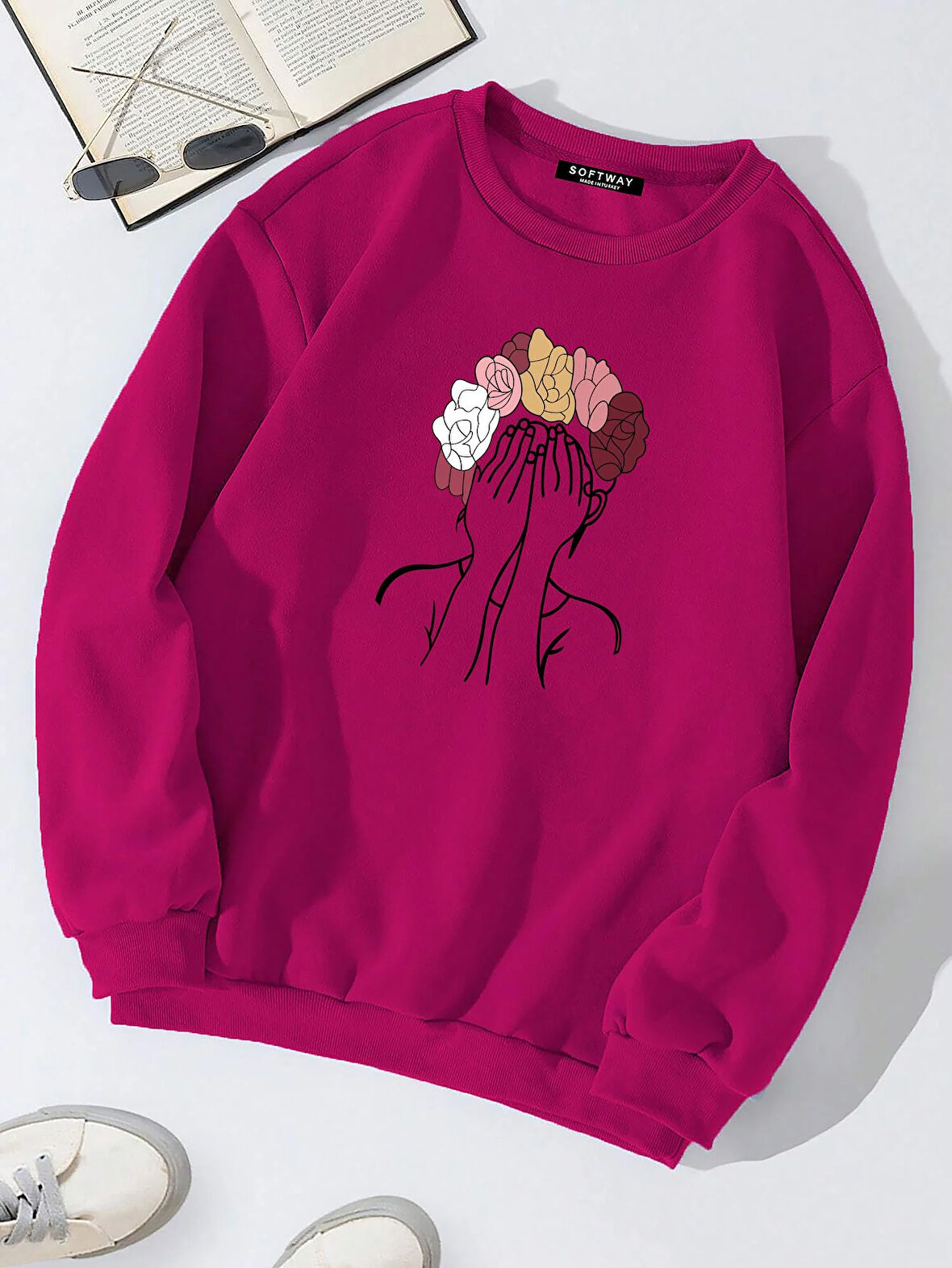 Unisex Oversize Bisiklet Yaka Basic Colorful Hair Baskılı Sweatshirt - FUŞYA