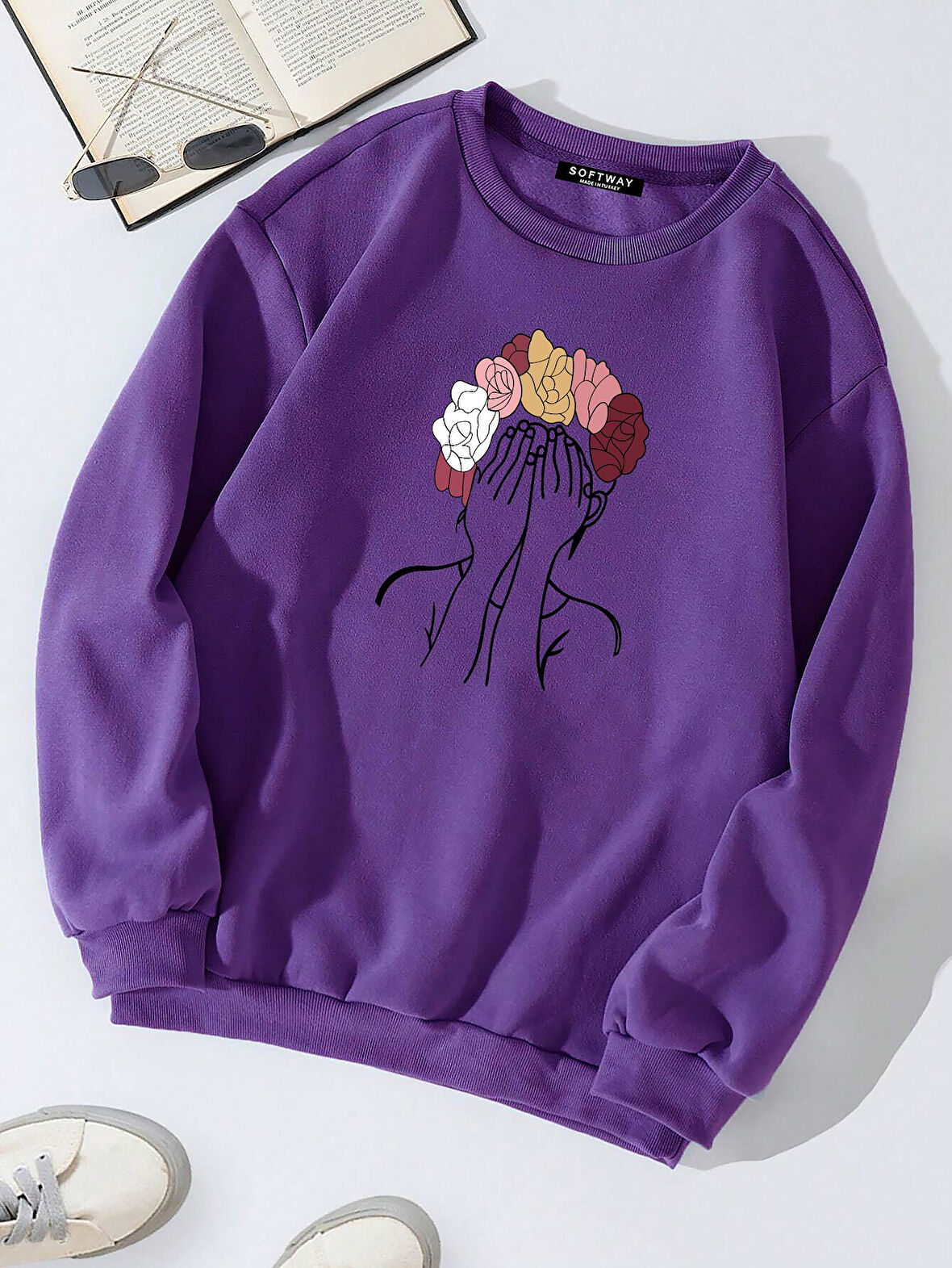 Unisex Oversize Bisiklet Yaka Basic Colorful Hair Baskılı Sweatshirt - MOR