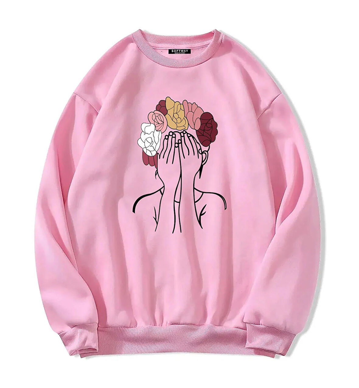 Unisex Oversize Bisiklet Yaka Basic Colorful Hair Baskılı Sweatshirt - PEMBE