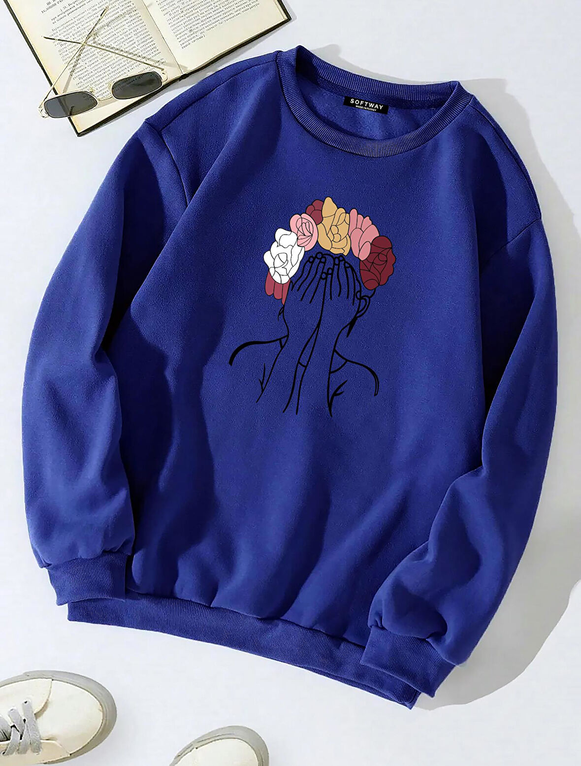 Unisex Oversize Bisiklet Yaka Basic Colorful Hair Baskılı Sweatshirt - SAKS MAVİSİ