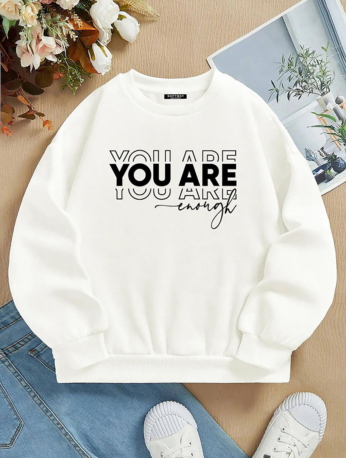 Unisex Oversize Bisiklet Yaka Basic You Are Baskılı Sweatshirt - EKRU