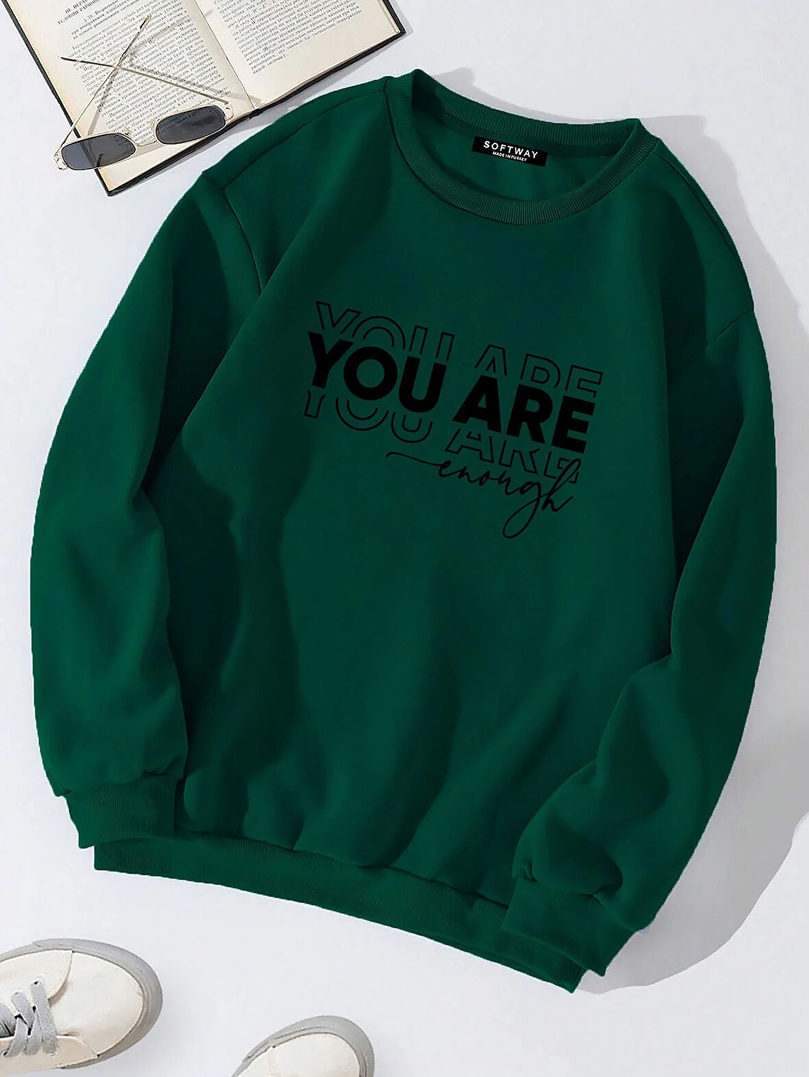 Unisex Oversize Bisiklet Yaka Basic You Are Baskılı Sweatshirt - KOYU YEŞİL