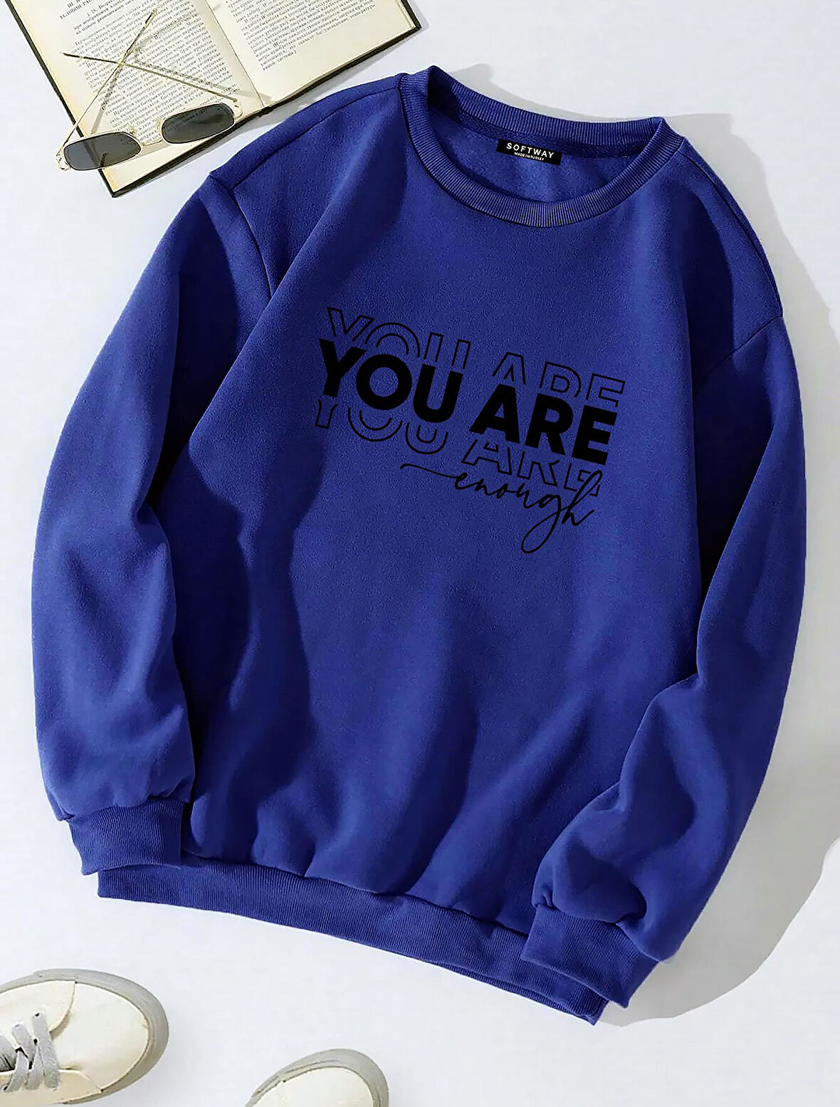 Unisex Oversize Bisiklet Yaka Basic You Are Baskılı Sweatshirt - SAKS MAVİSİ