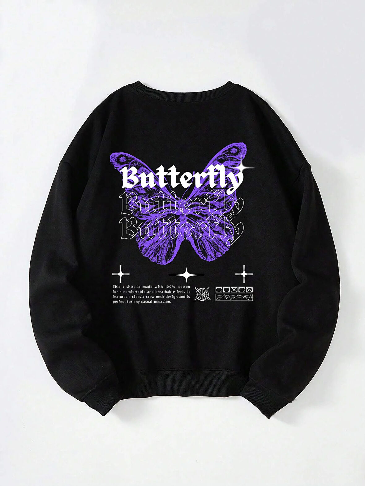 Unisex Oversize Bisiklet Yaka Basic Butterfly Baskılı Sweatshirt - SİYAH
