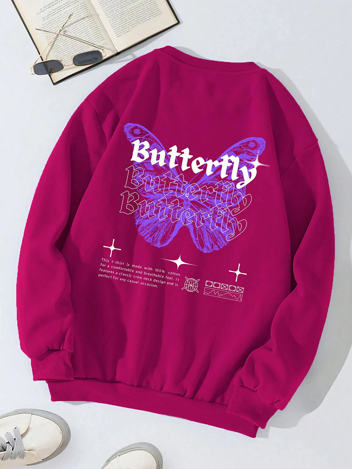 Unisex Oversize Bisiklet Yaka Basic Butterfly Baskılı Sweatshirt - FUŞYA