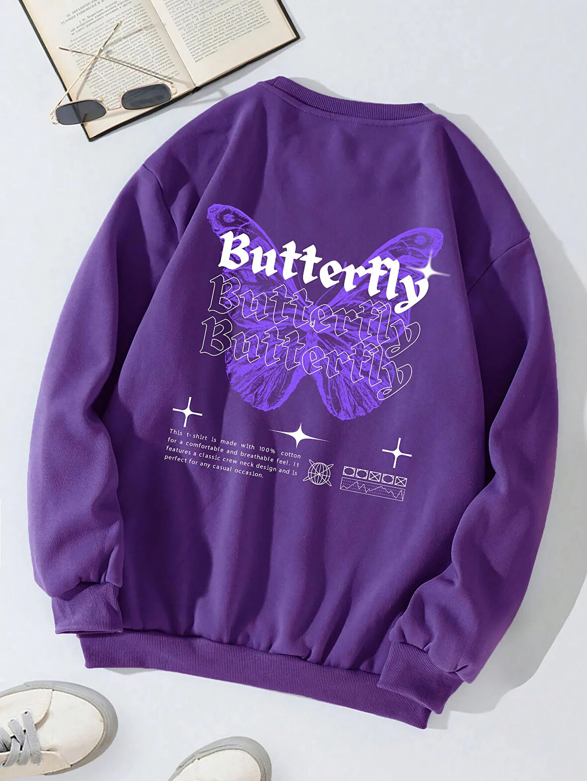 Unisex Oversize Bisiklet Yaka Basic Butterfly Baskılı Sweatshirt - MOR