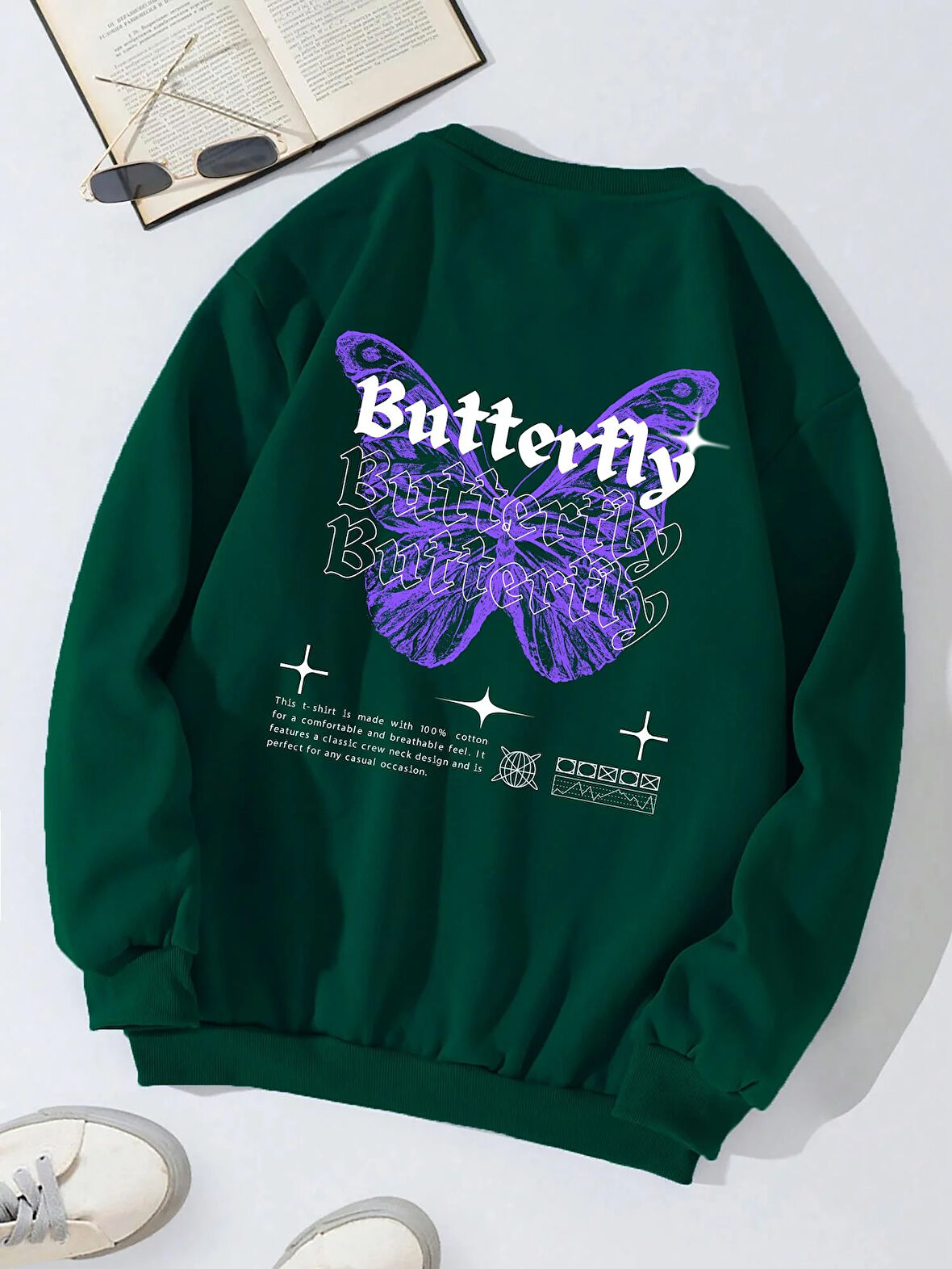 Unisex Oversize Bisiklet Yaka Basic Butterfly Baskılı Sweatshirt - KOYU YEŞİL