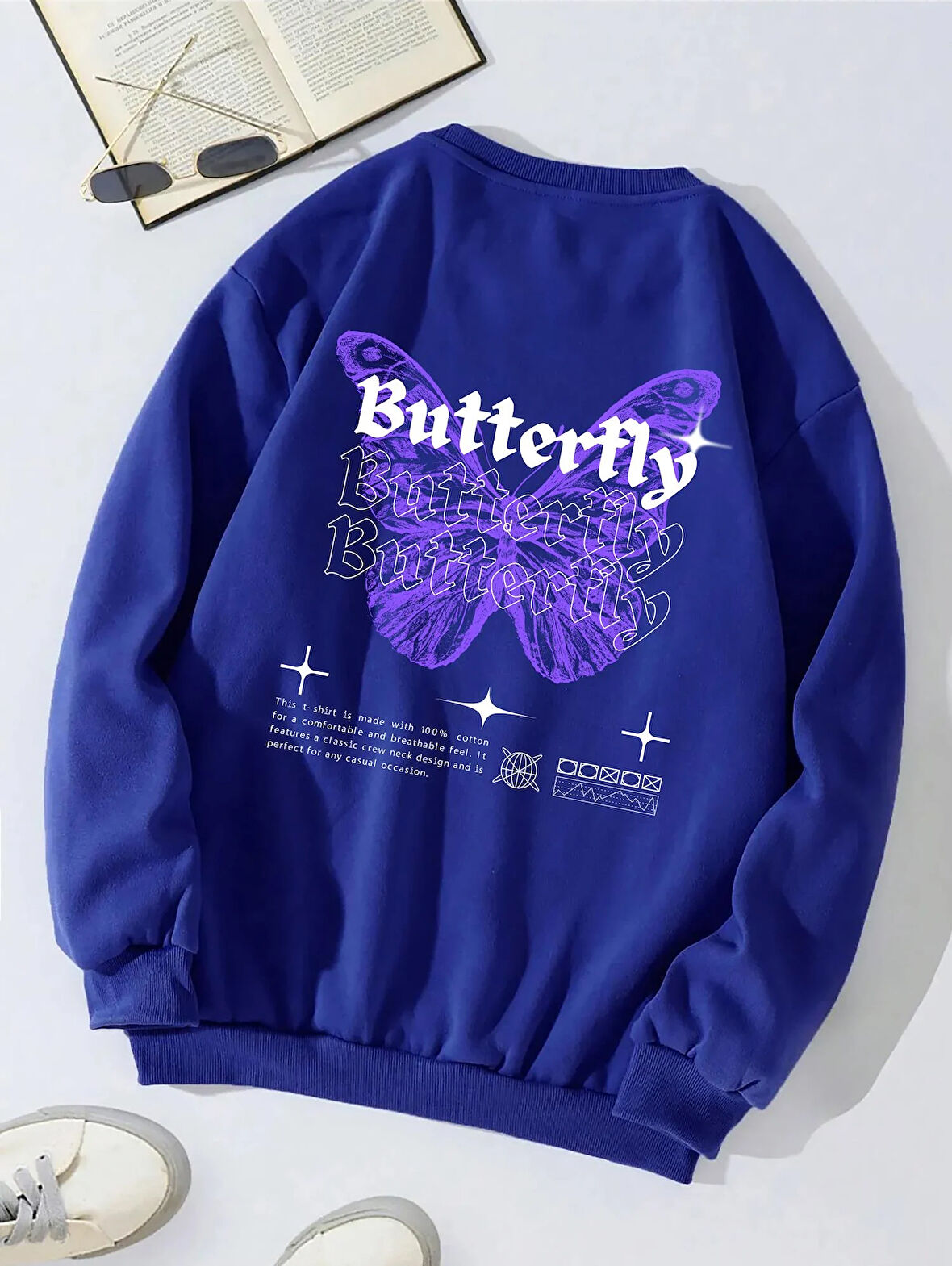 Unisex Oversize Bisiklet Yaka Basic Butterfly Baskılı Sweatshirt - SAKS MAVİSİ