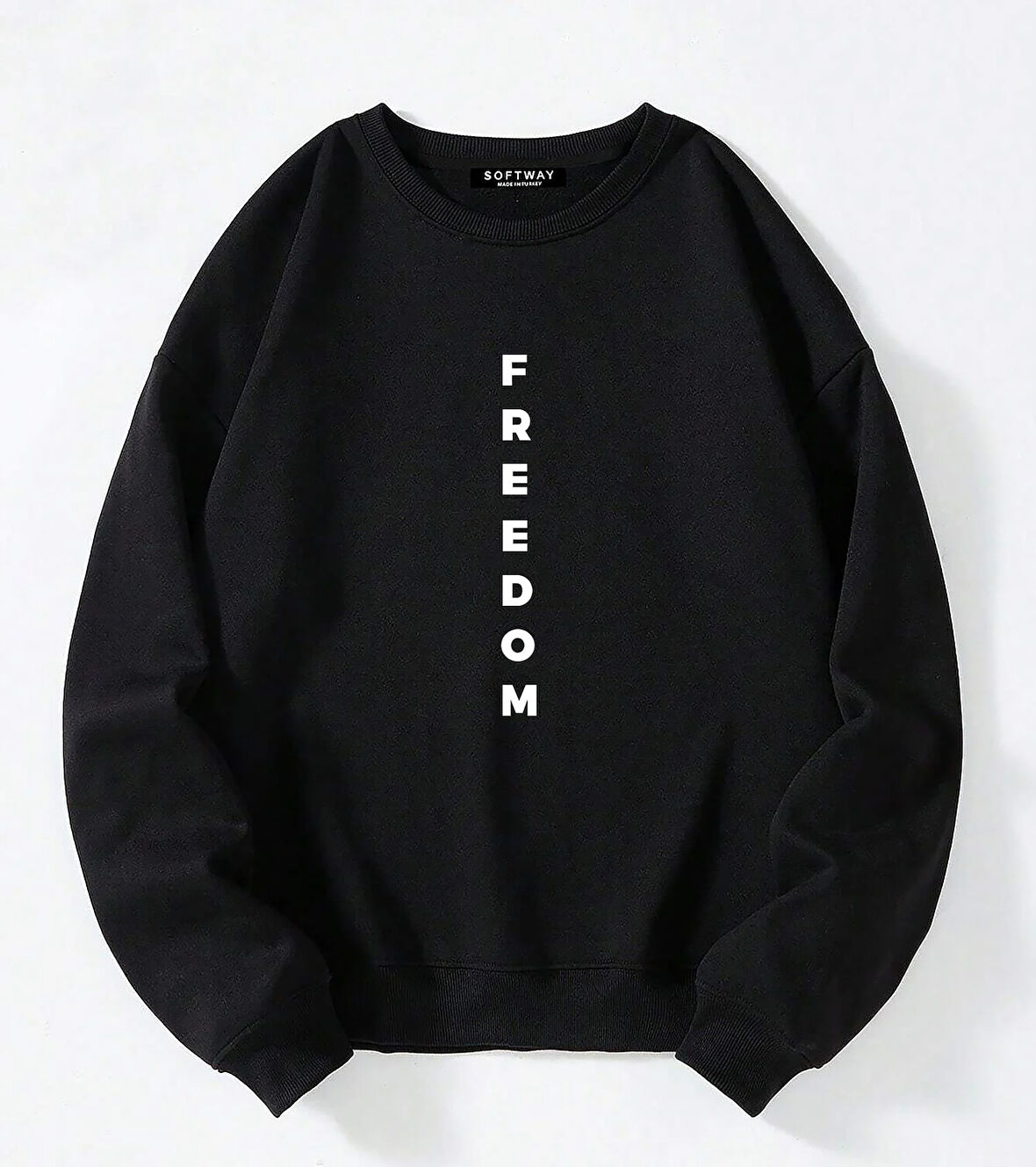 Unisex Oversize Bisiklet Yaka Basic Freedom Baskılı Sweatshirt - SİYAH