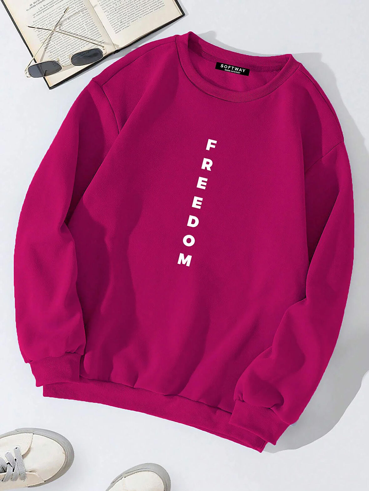 Unisex Oversize Bisiklet Yaka Basic Freedom Baskılı Sweatshirt - FUŞYA