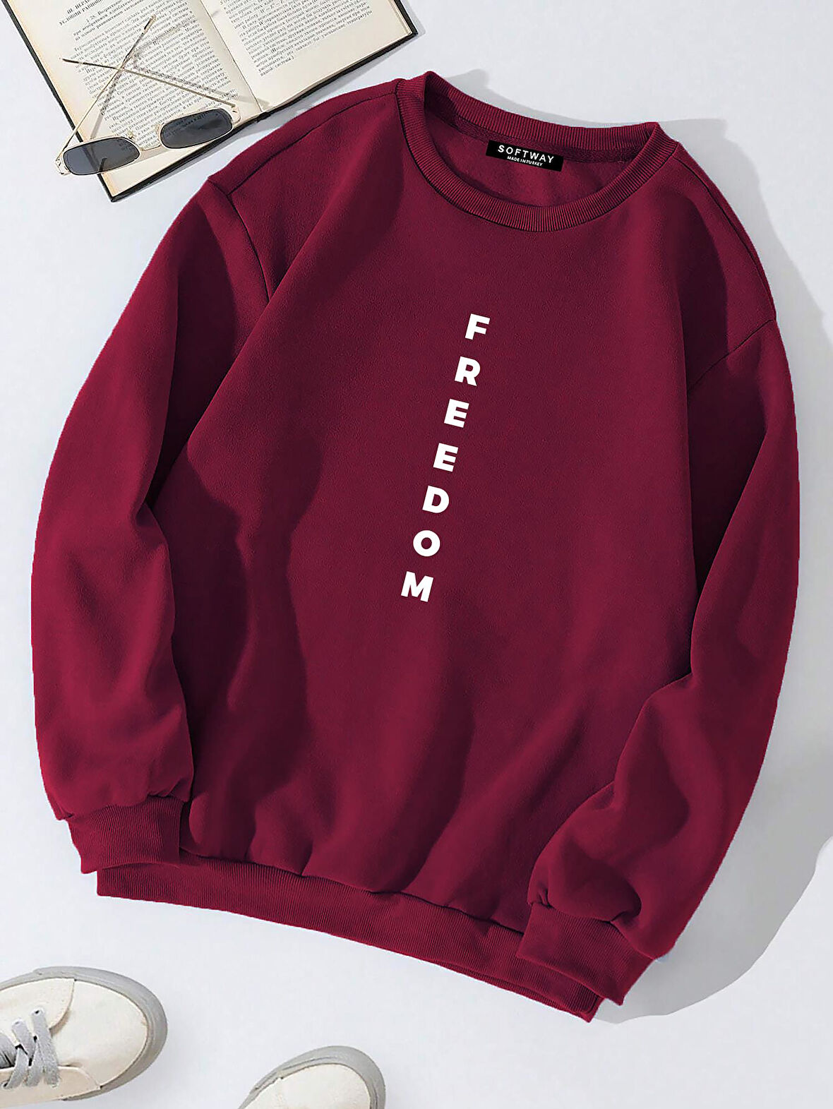 Unisex Oversize Bisiklet Yaka Basic Freedom Baskılı Sweatshirt - BORDO