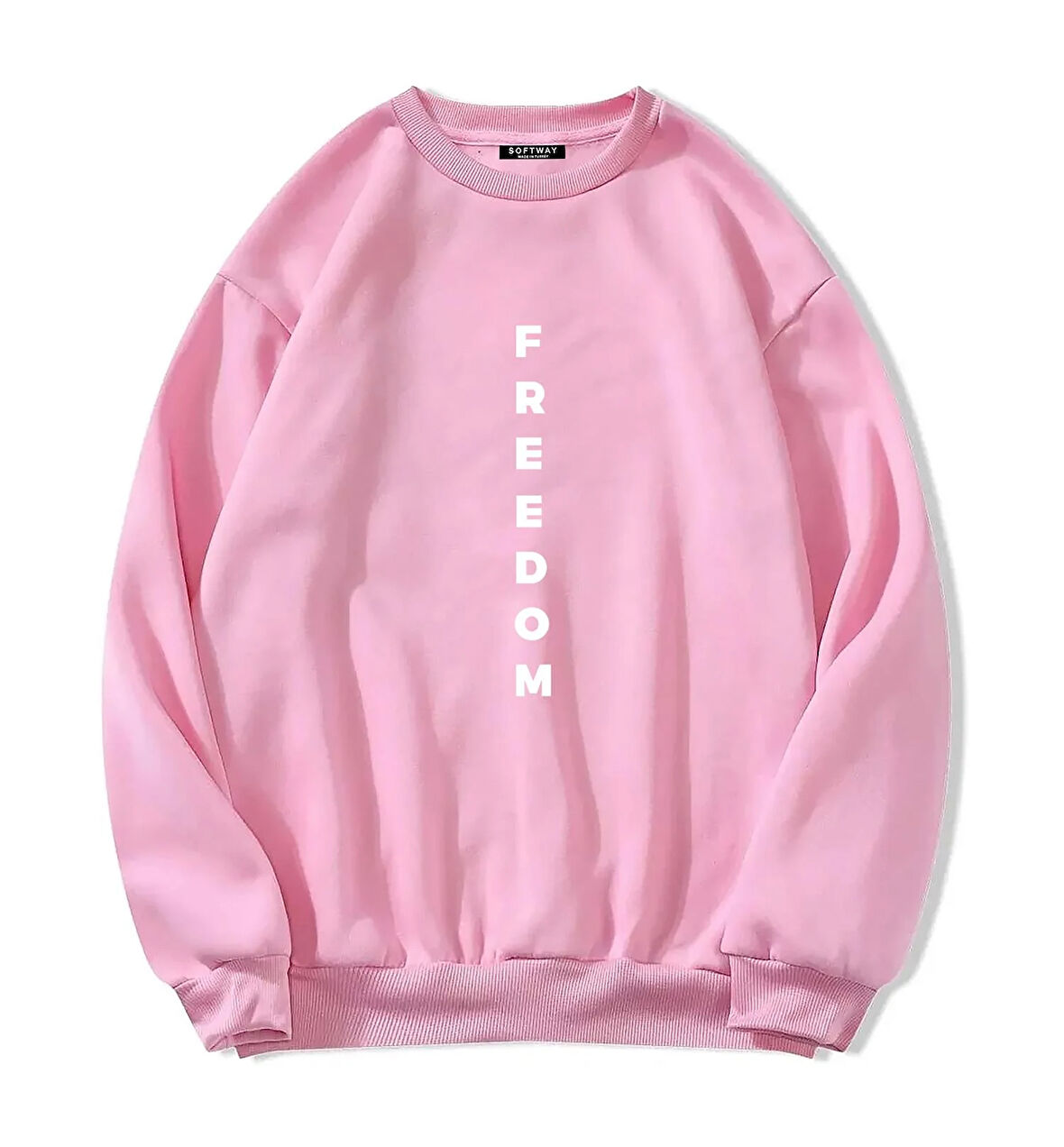 Unisex Oversize Bisiklet Yaka Basic Freedom Baskılı Sweatshirt - PEMBE